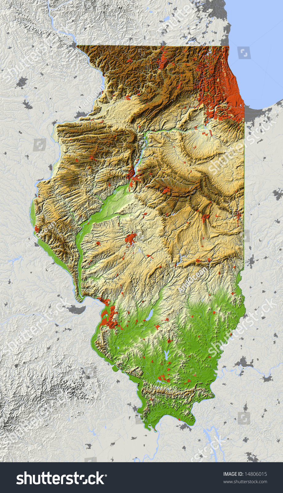 Illinois Shaded Relief Map Major Urban Stock Illustration 14806015 