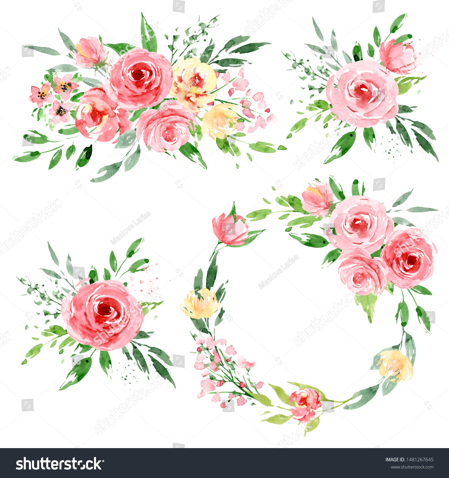 Watercolor Flower Set Wreaths Bouquets Floral Stock Illustration ...