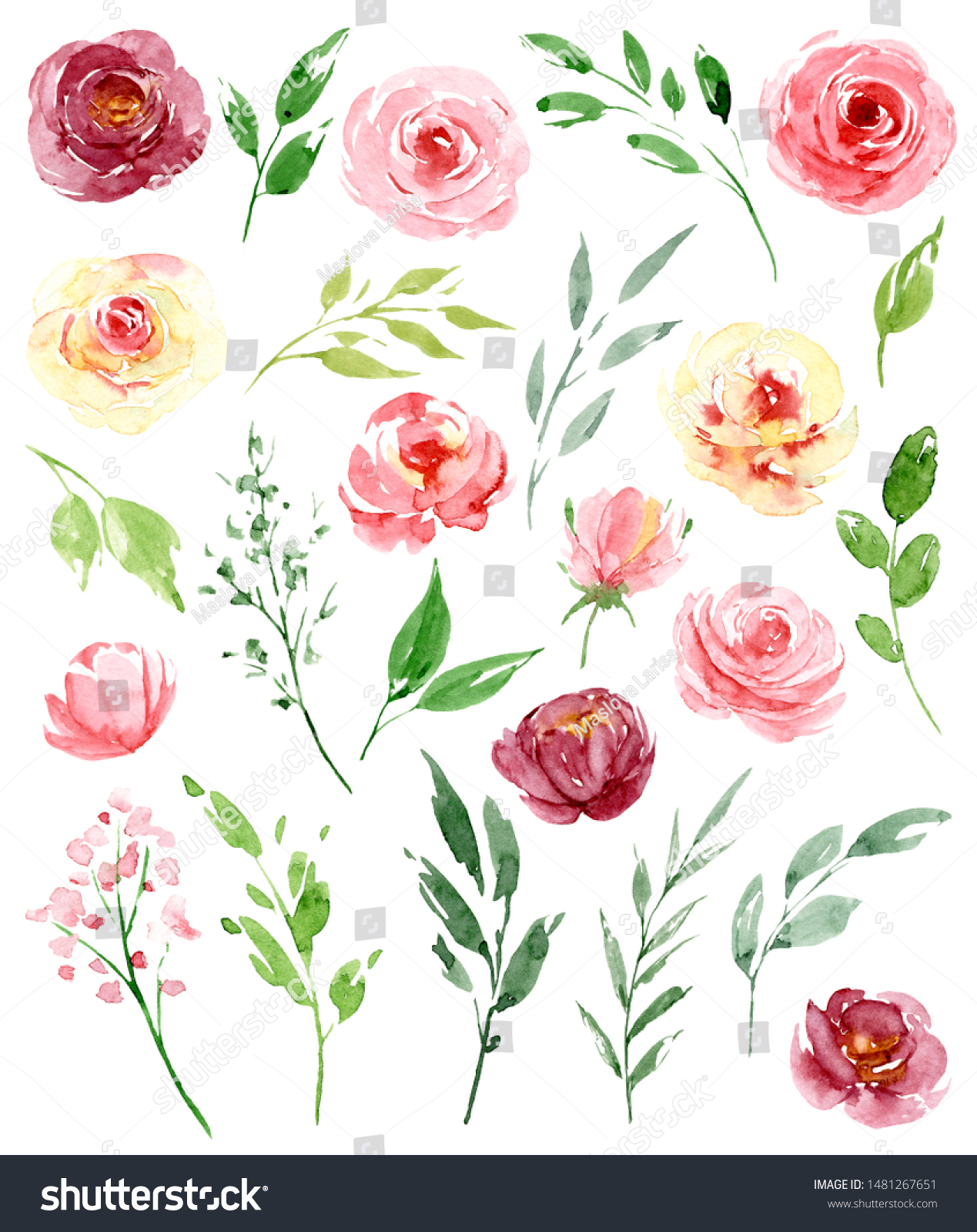 Set Watercolor Flowers Leaves Yellow Pink Stock Illustration 1481267651 