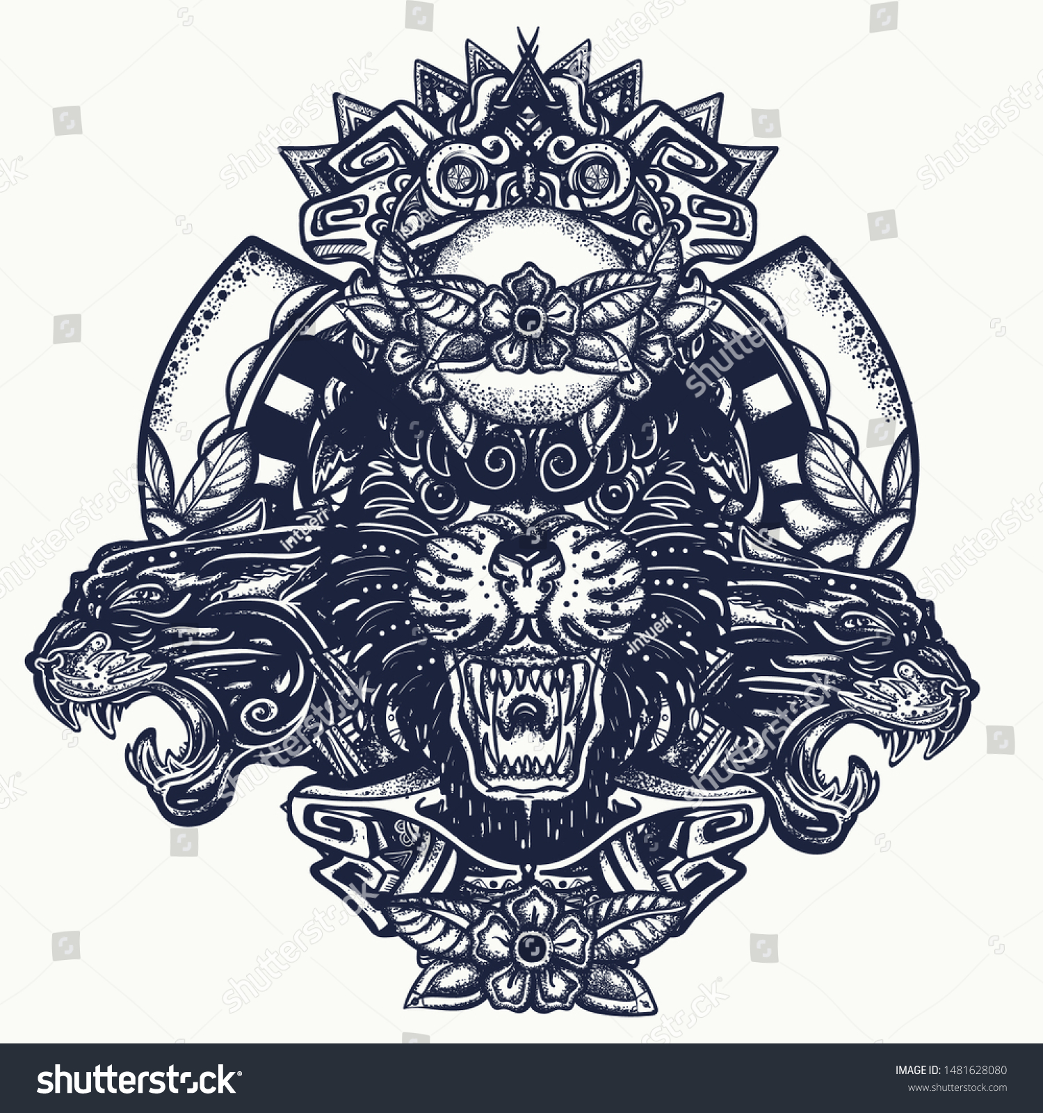 Three Angry Black Panthers Mayan Tattoo Stock Vector (Royalty Free ...