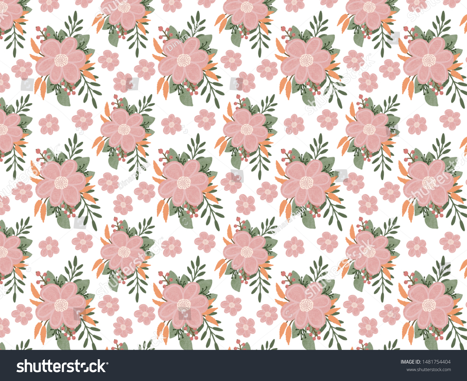 Floral Pattern Pink Flowers Green Leaves Stock Illustration 1481754404 ...