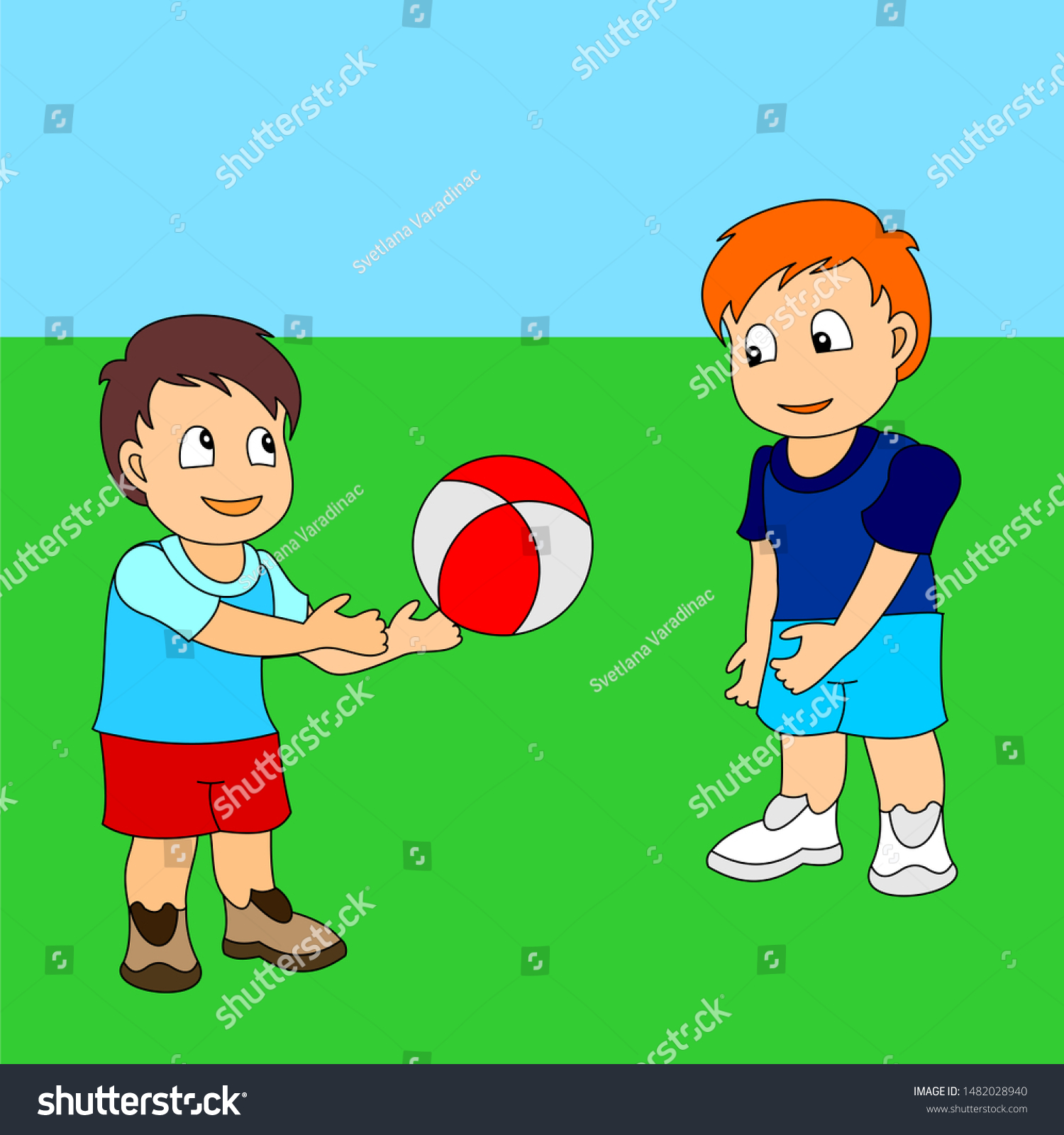 Two Boys Playing Ball Vector Illustration Stock Vector Royalty Free