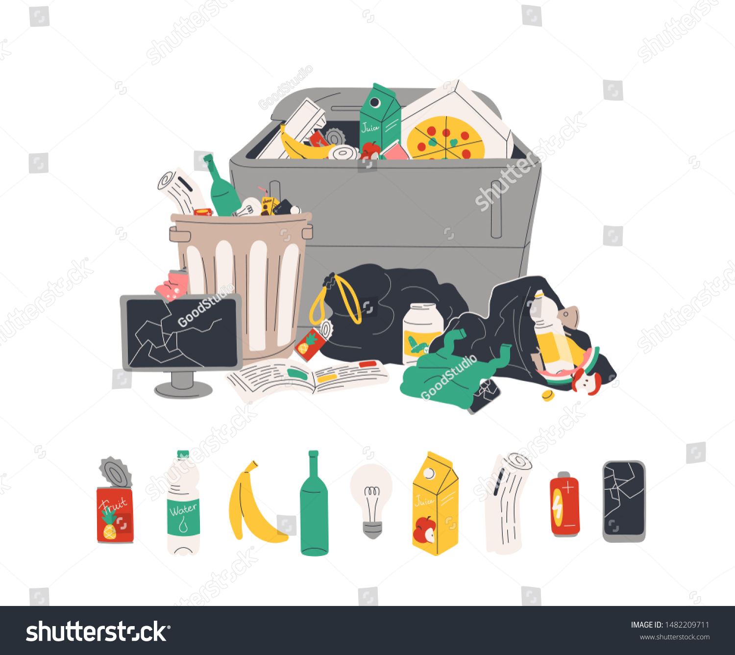 Unsorted Garbage Trash Containers Bin Bags Stock Vector (Royalty Free ...