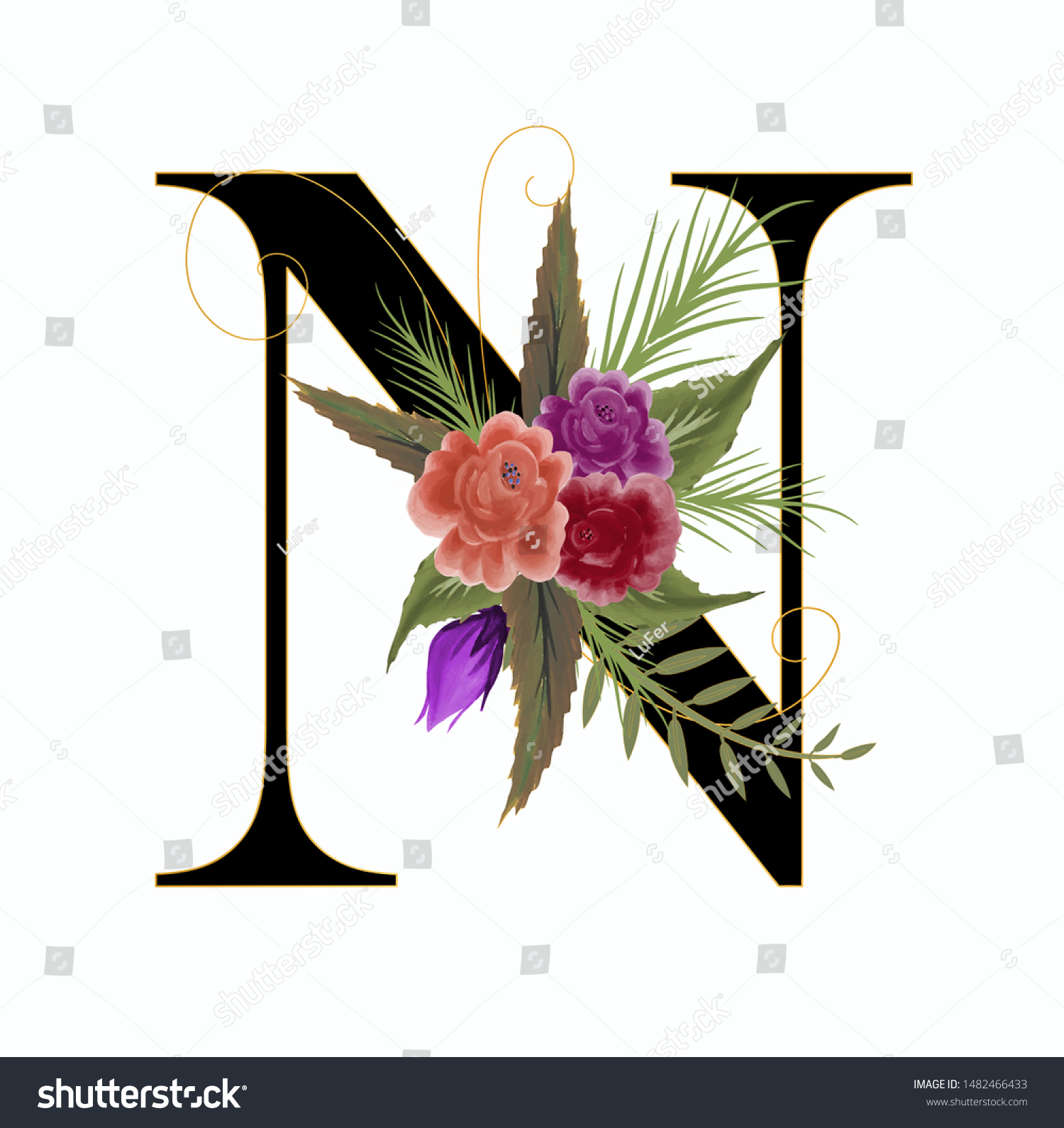 Floral Alphabet Letter N Watercolor Flowers Stock Vector (Royalty Free ...