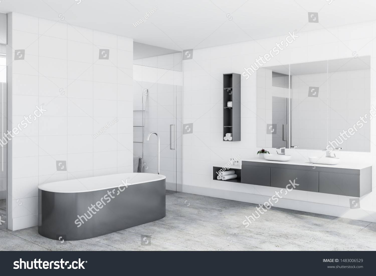 Corner Stylish Bathroom White Tile Walls Stock Illustration 1483006529 ...