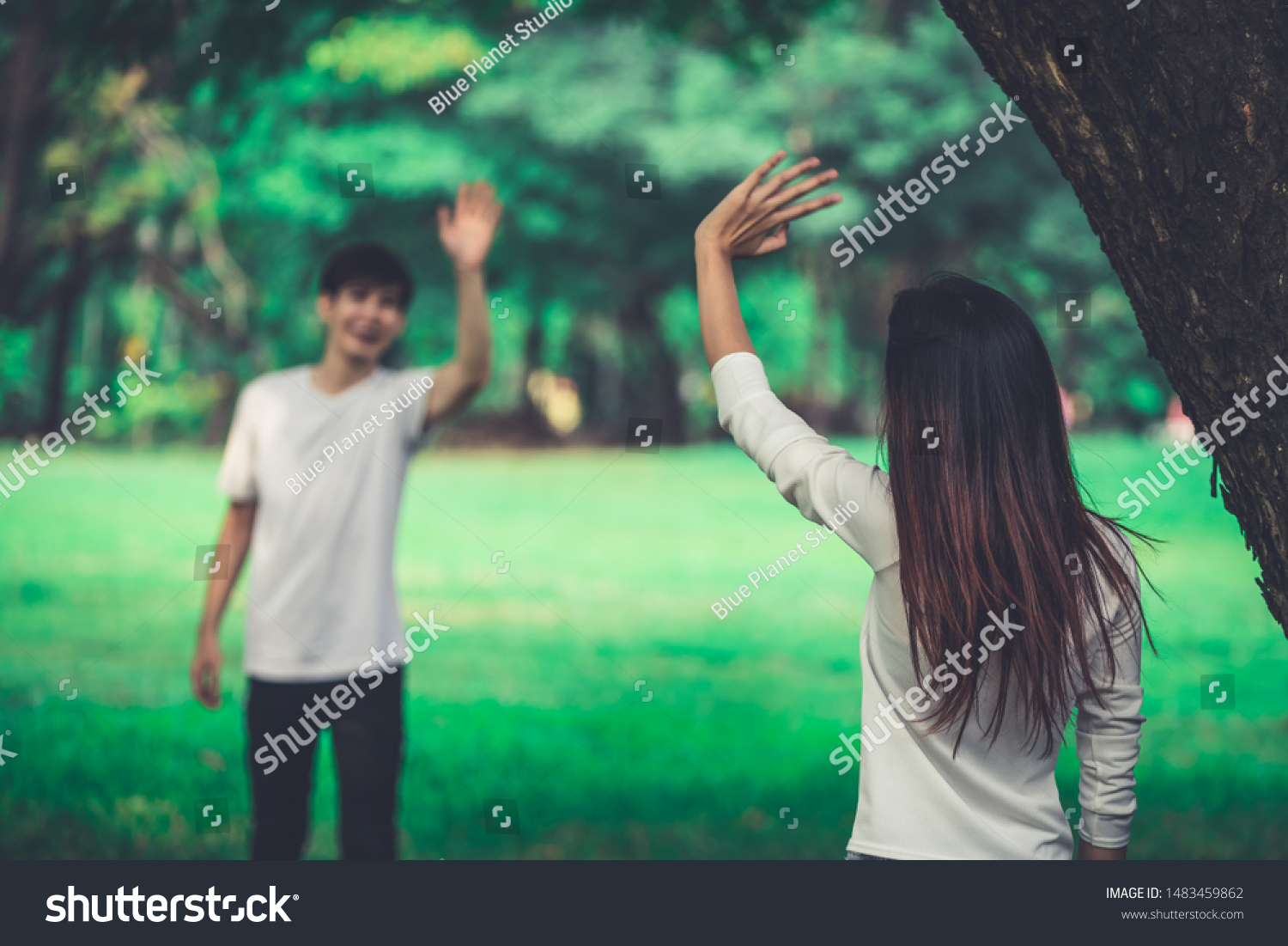 Young People Man Woman Greeting Saying Stock Photo 1483459862 ...