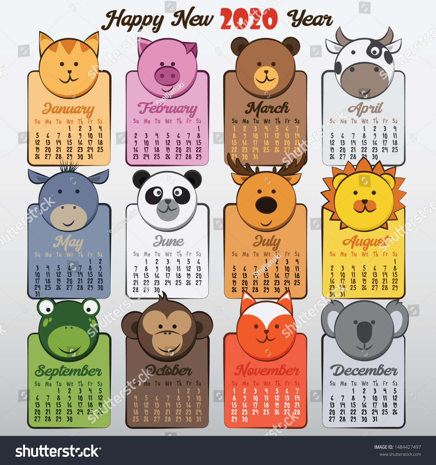 Baby Animals 2020 Calendar Kids Stock Vector (Royalty Free) 1484427497 ...