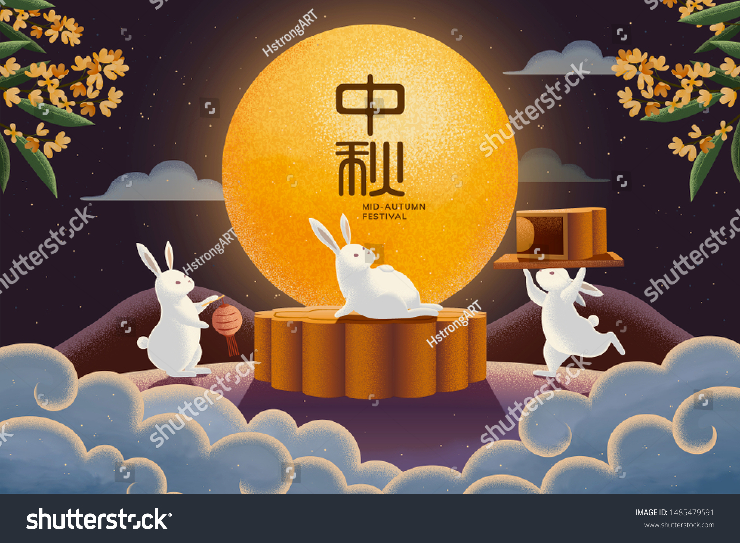 Happy Midautumn Festival Cute Rabbits Enjoying Stock Illustration ...