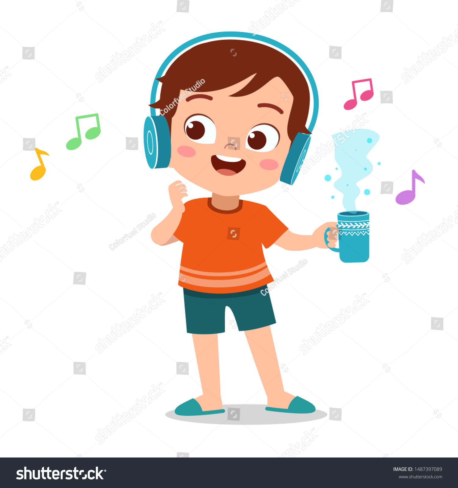 Happy Kid Listening Music Vector Stock Vector (Royalty Free) 1487397089 ...