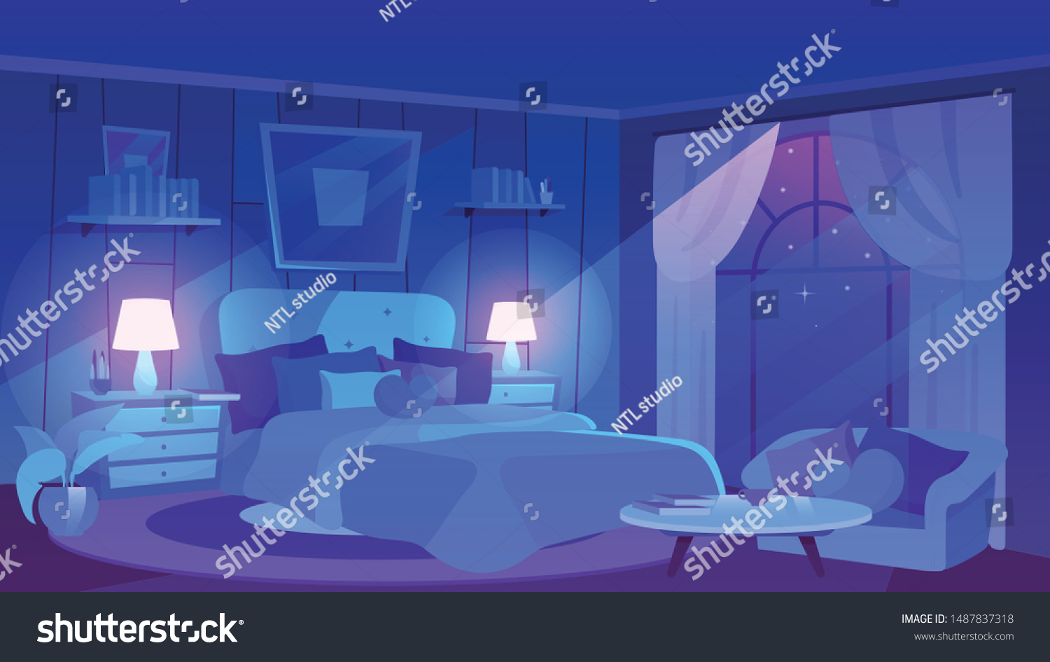 Bedroom Interior Moonlight Rays Flat Vector Stock Vector (Royalty Free ...