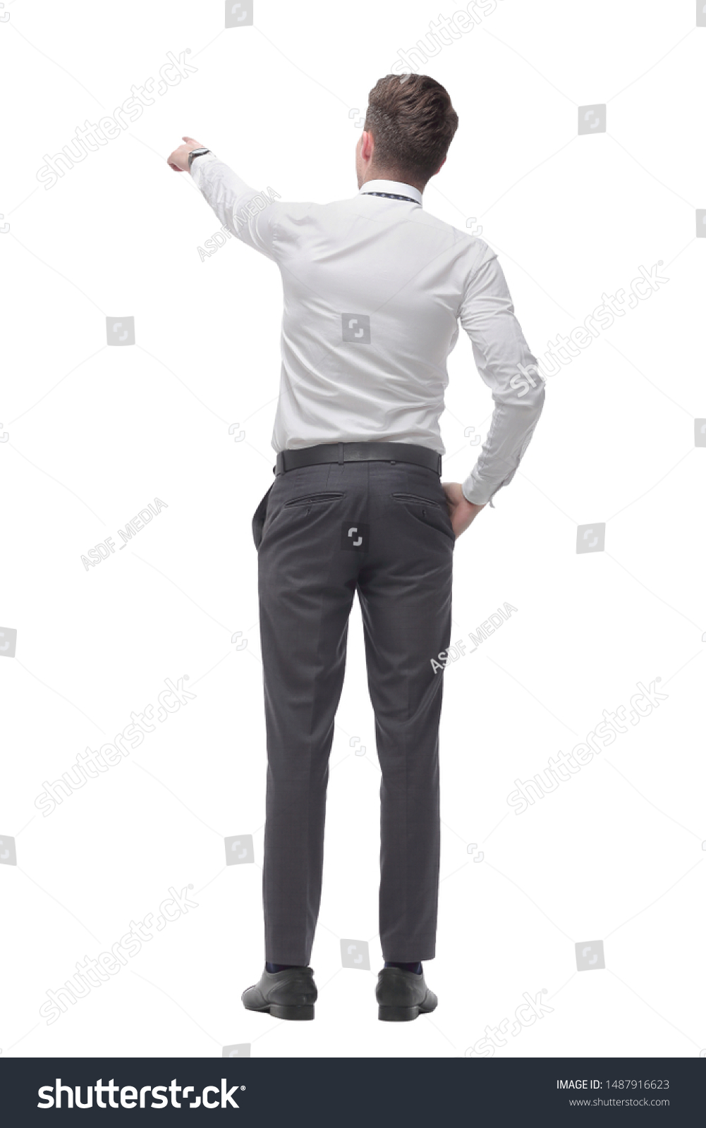 Rear Viewsmiling Young Businessman Pointing White Stock Photo ...