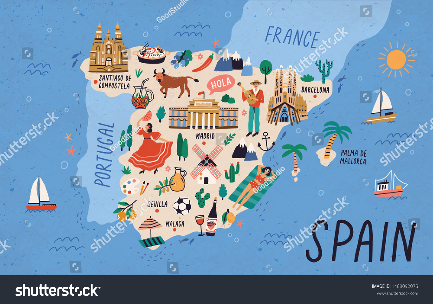 Map Spain Touristic Landmarks Sights National Stock Vector (Royalty ...