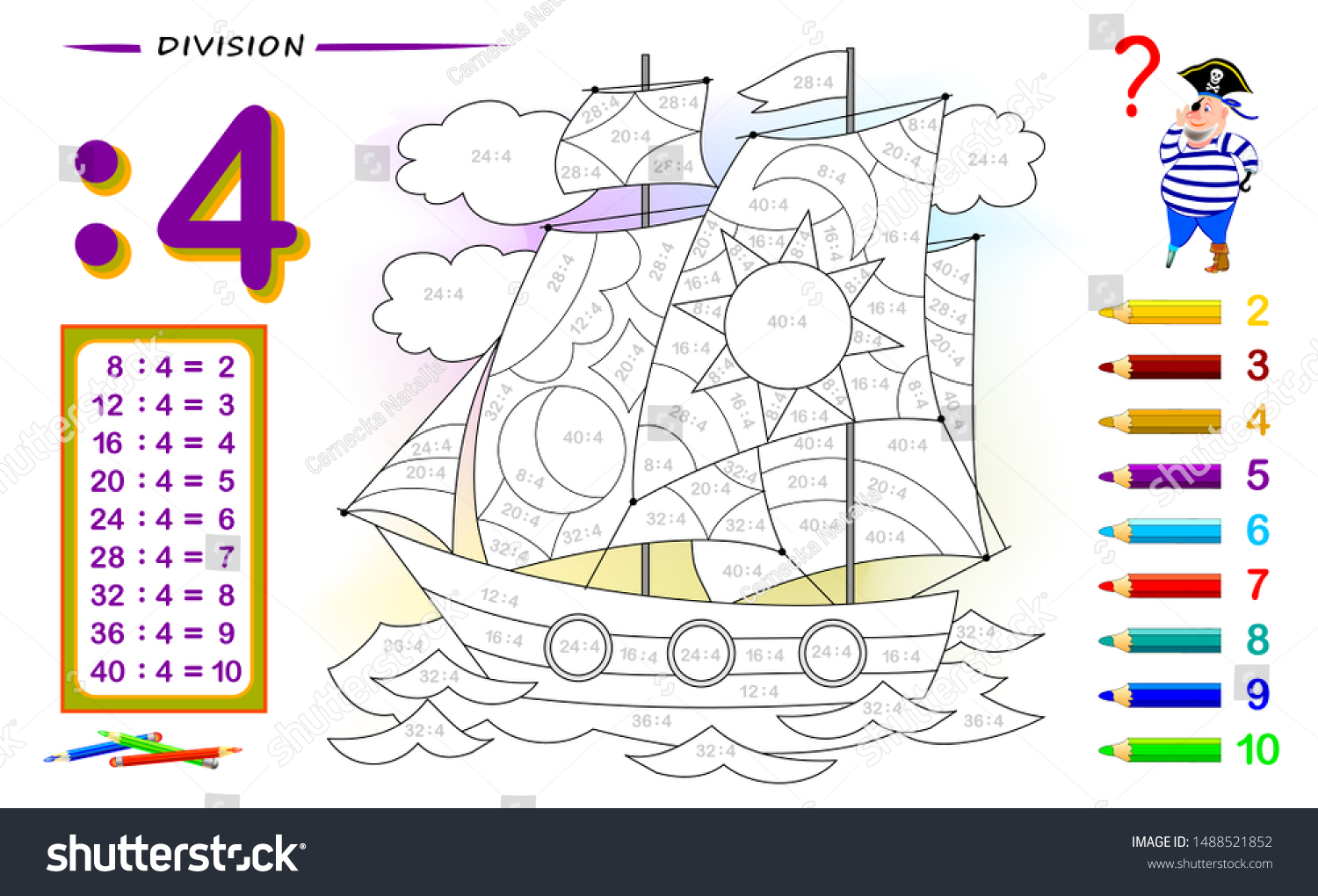 Division By Number 4 Math Exercises Stock Vector (Royalty Free