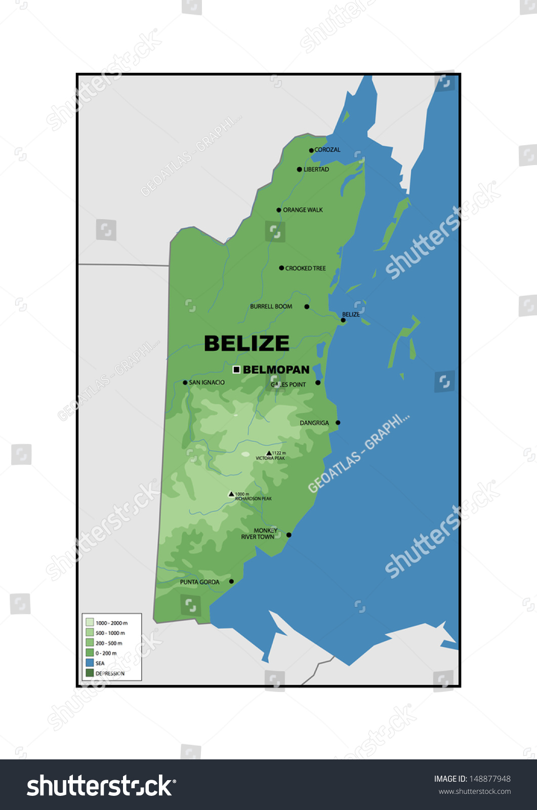 Physical Map Belize Stock Illustration 148877948 | Shutterstock