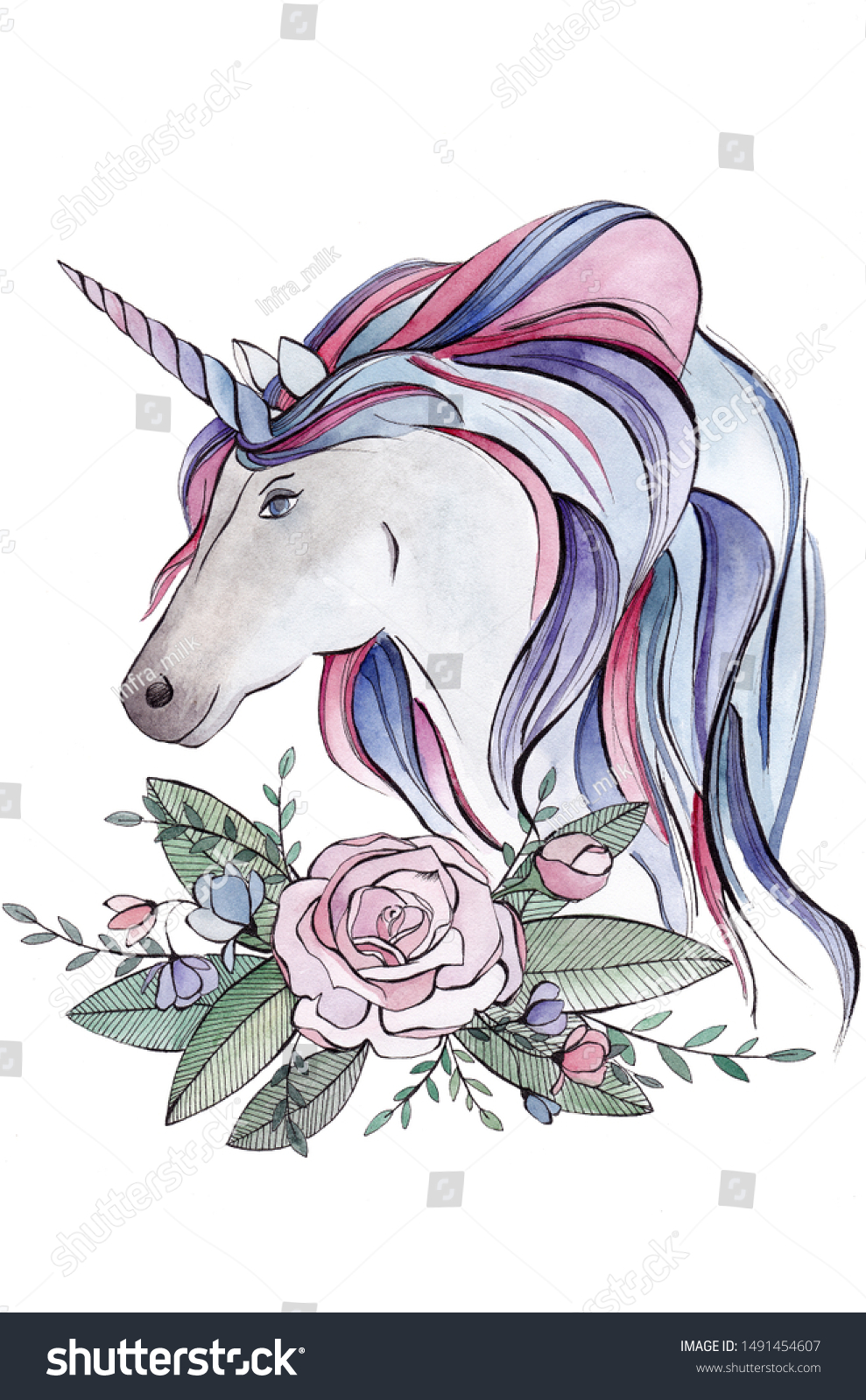 Watercolor Unicorn Flowers Stock Illustration 1491454607 | Shutterstock