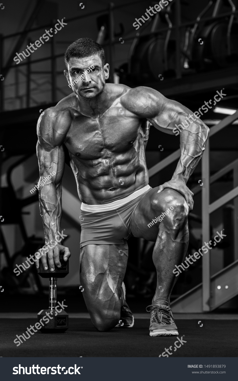 Bodybuilder Posing Gym Kneeling On Floor Stock Photo 1491893879 ...