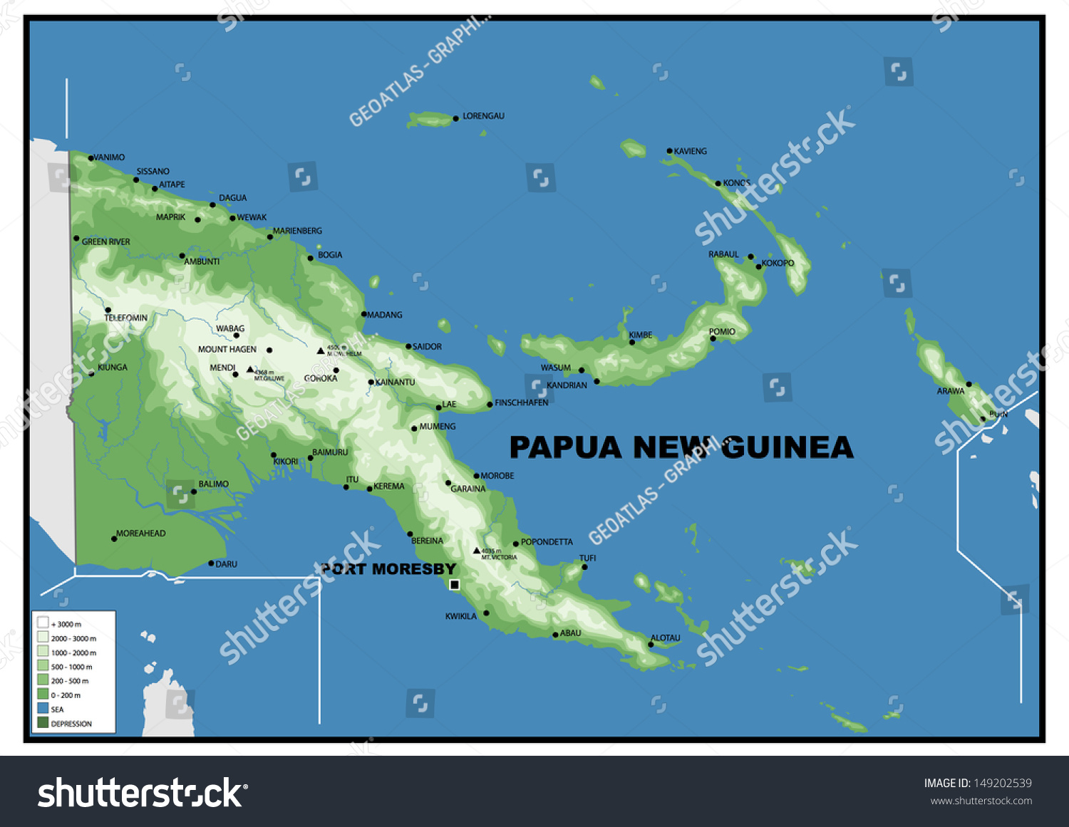 Ilustrasi Stok Physical Map Papua New Guinea 149202539 Shutterstock Stock Photo Physical Map Of Papua New Guinea 149202539