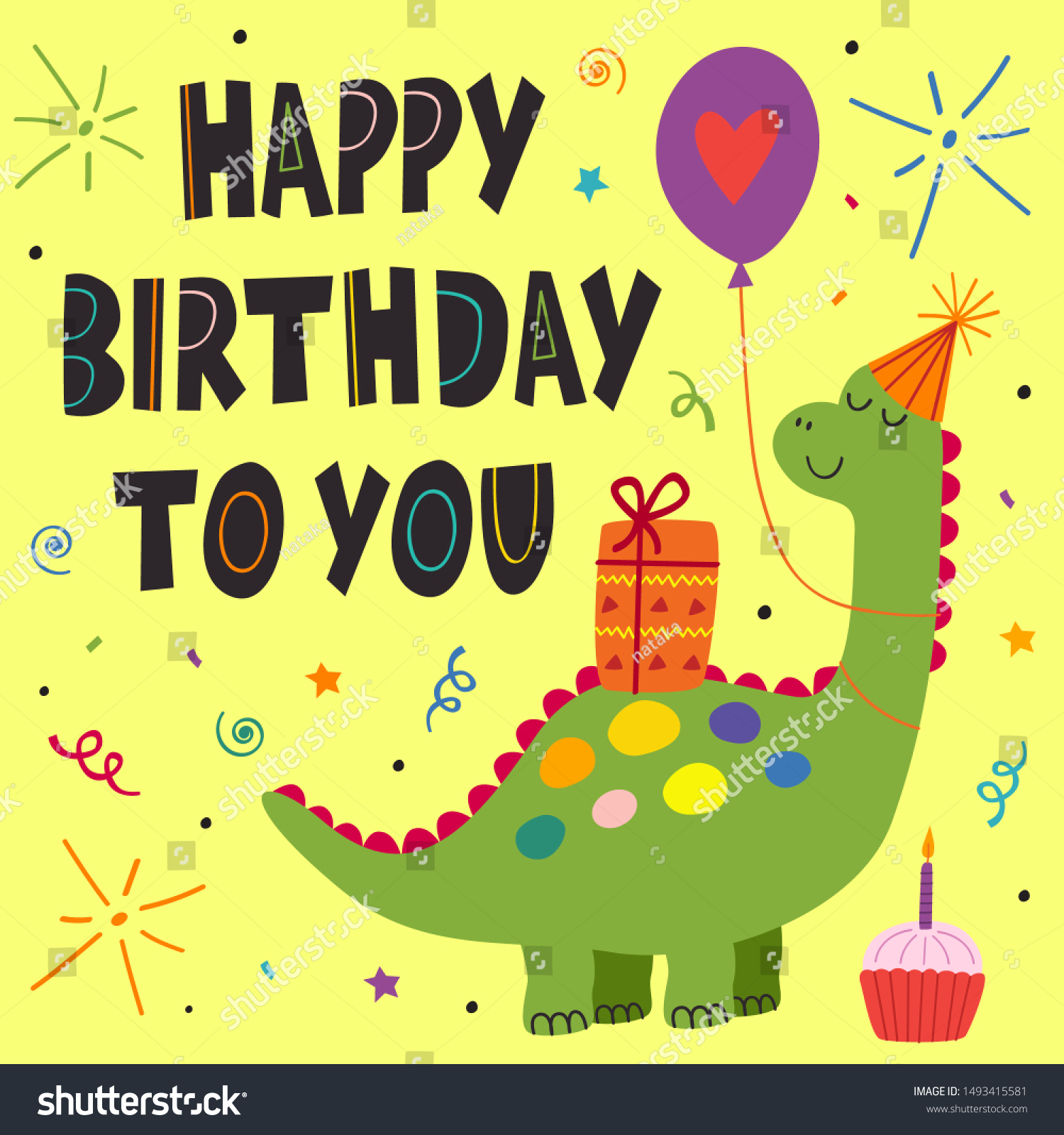 Birthday Card Cute Dinosaur Vector Illustration Stock Vector (Royalty ...