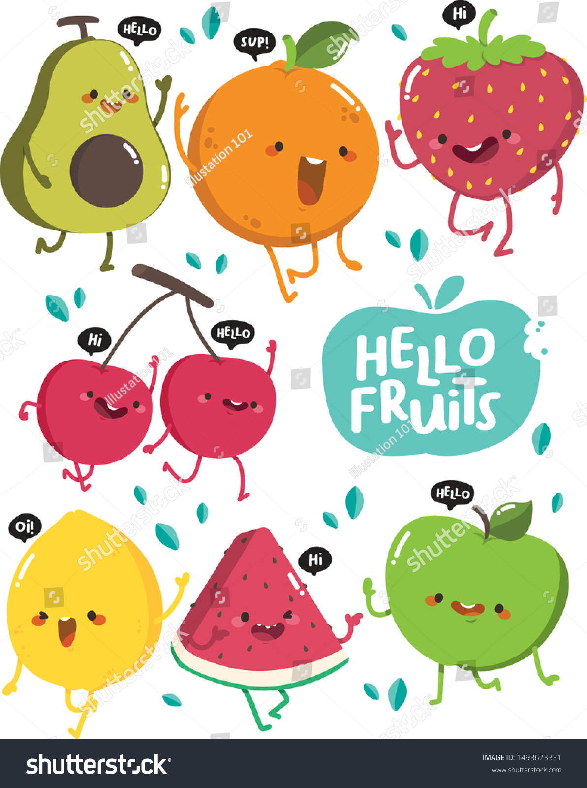 Set Fruit Characters Doing Greetings Colorful Stock Vector (Royalty ...