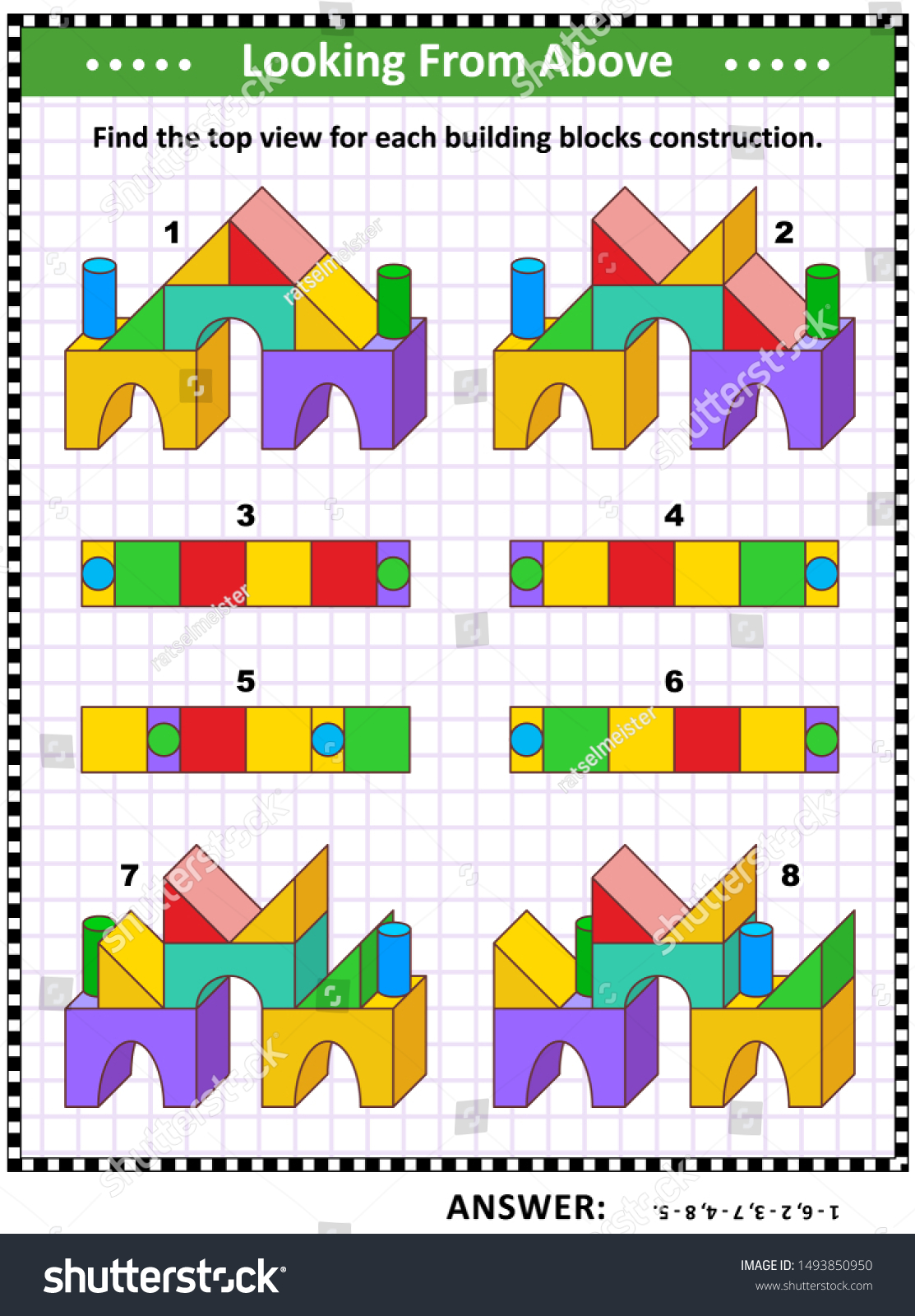 Educational Math Puzzle Find Top View Each Toy Building Blocks — Stock D6D