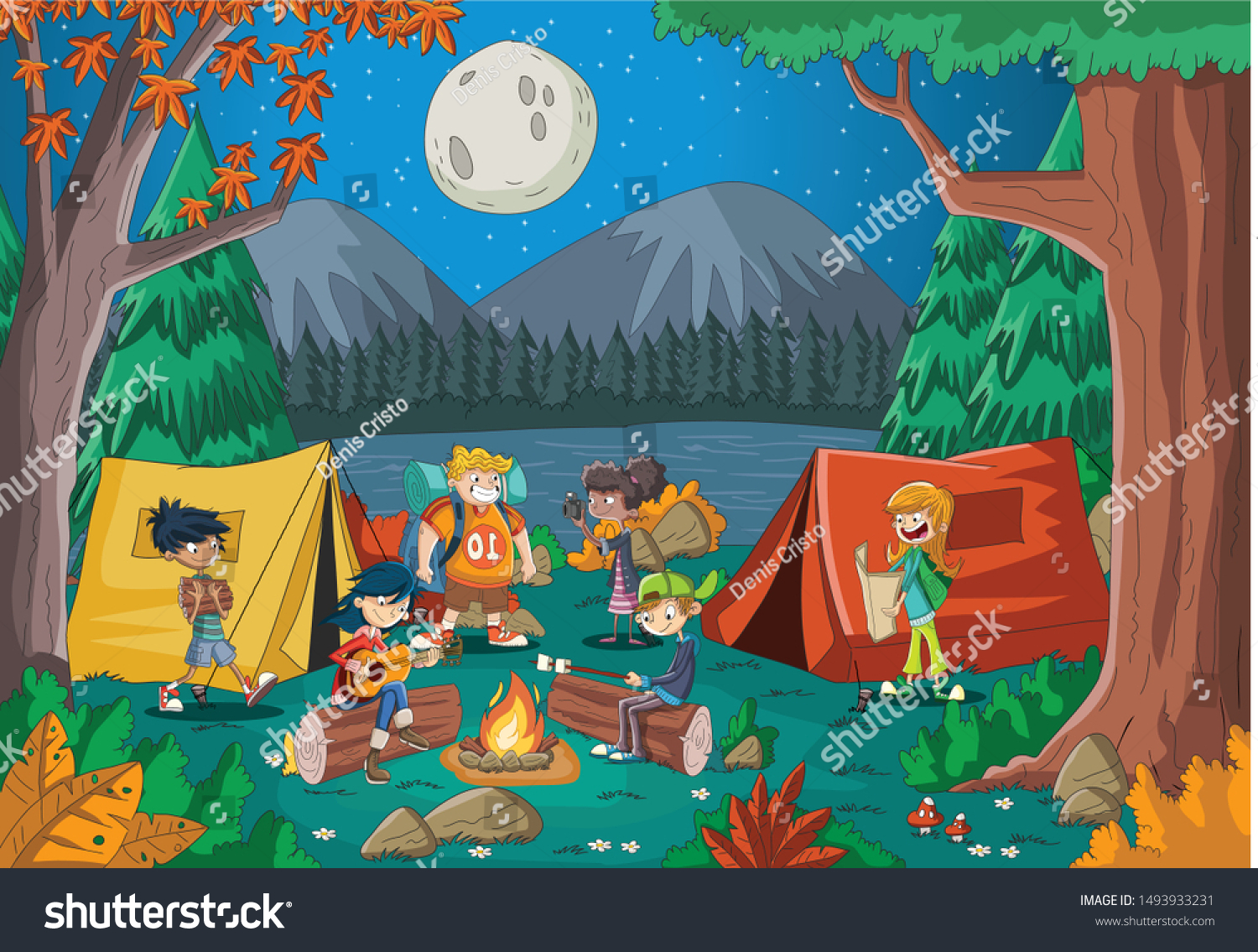 Cartoon Teenagers Around Campfire Night Camping Stock Vector (Royalty ...