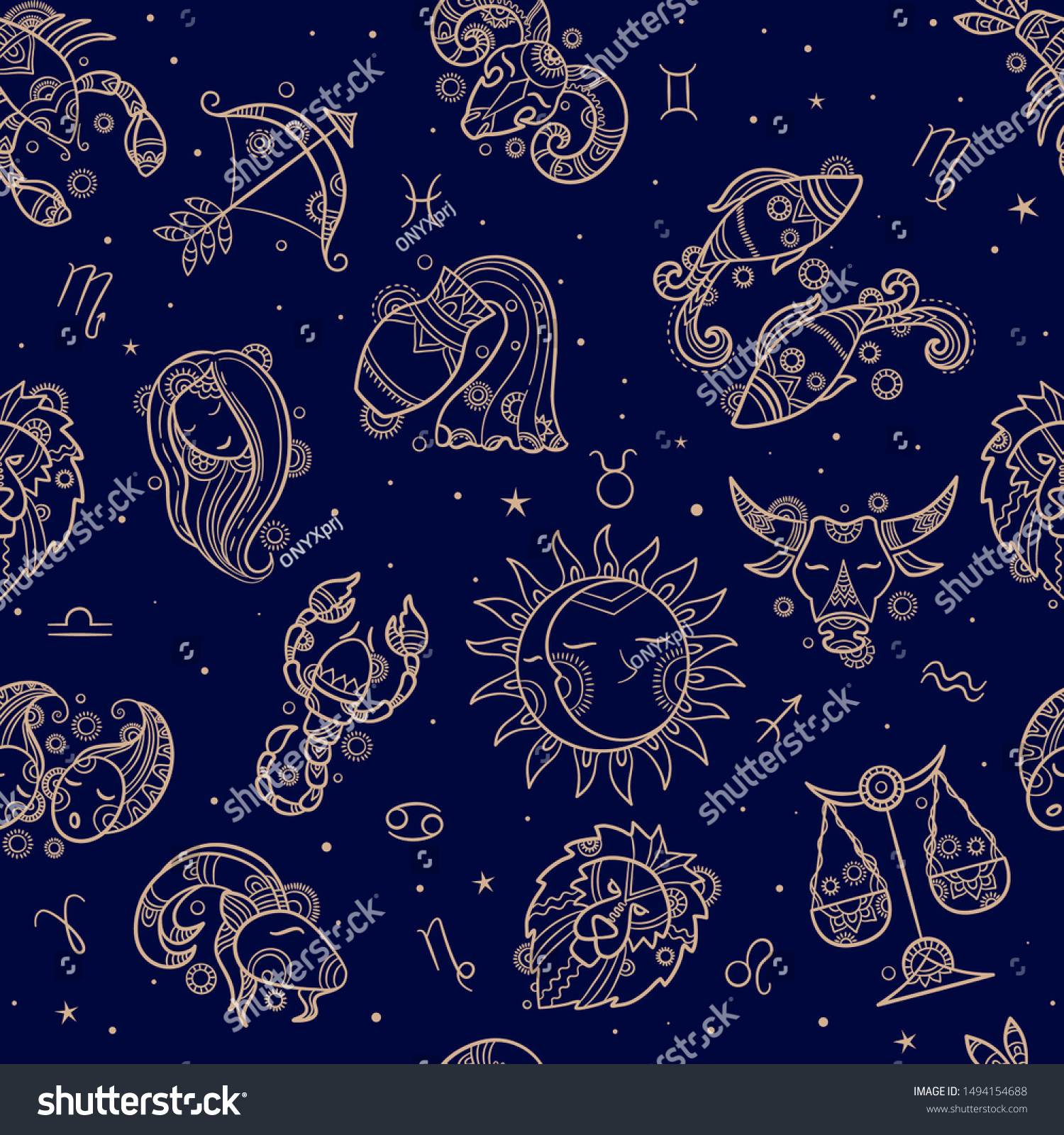 Astronomy Seamless Drawn Zodiac Symbols Textile Stock Vector (Royalty ...