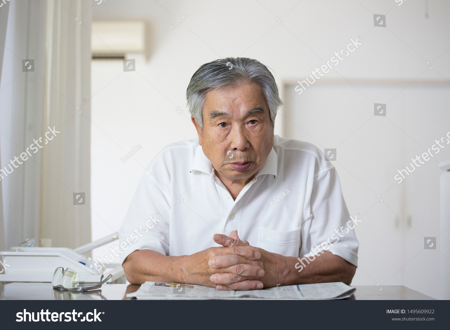Japanese Old Man Home Staring Stock