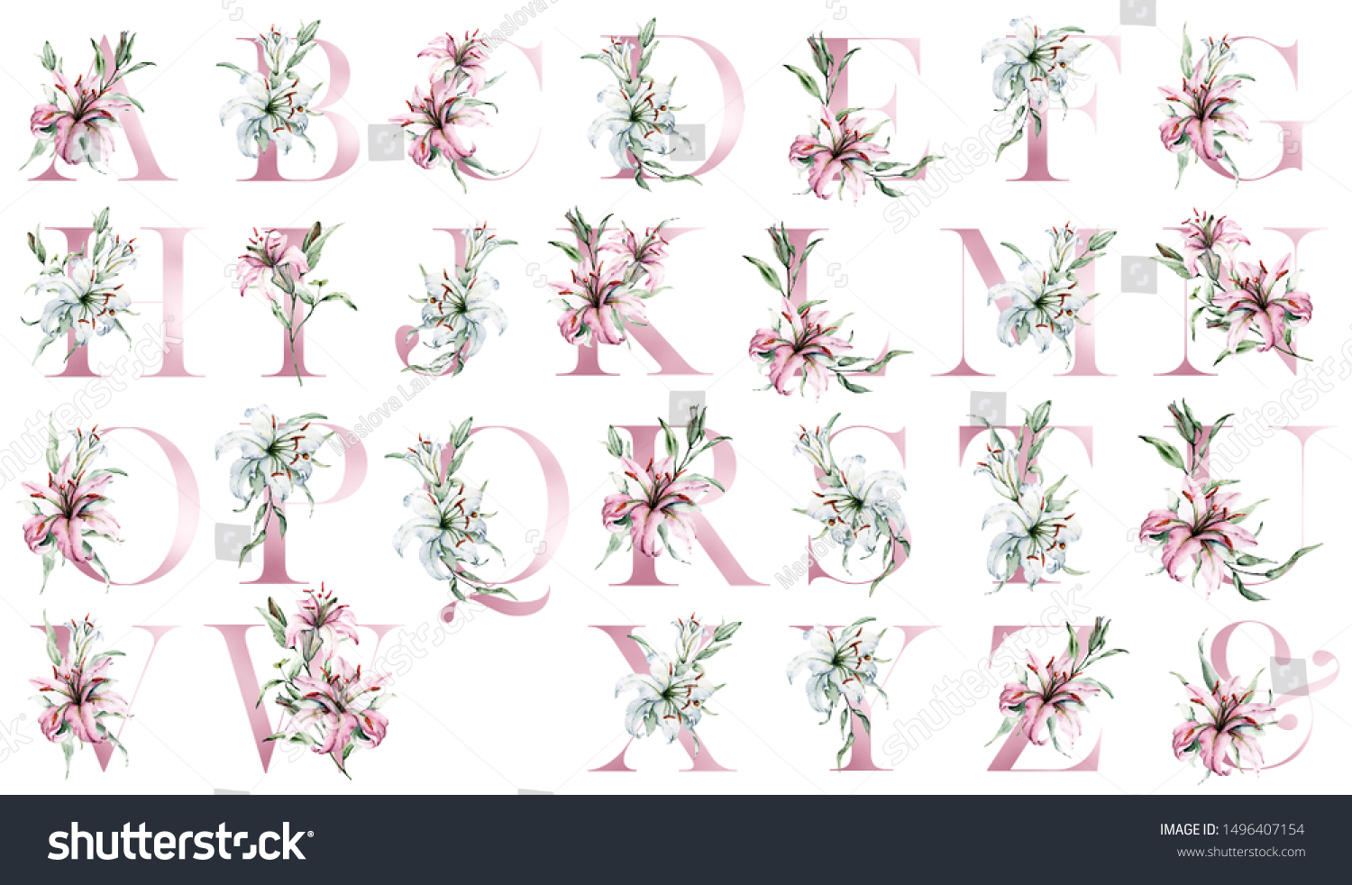 Floral Alphabet Set Letters Watercolor Flowers Stock Illustration ...