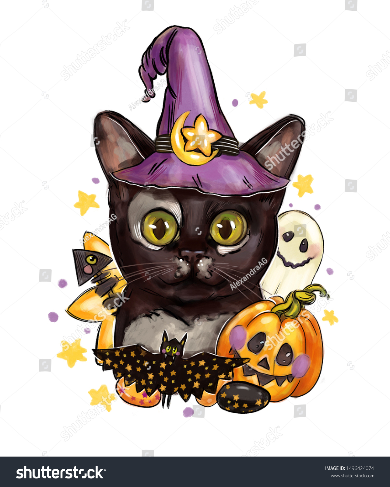 cute cat with witch hat