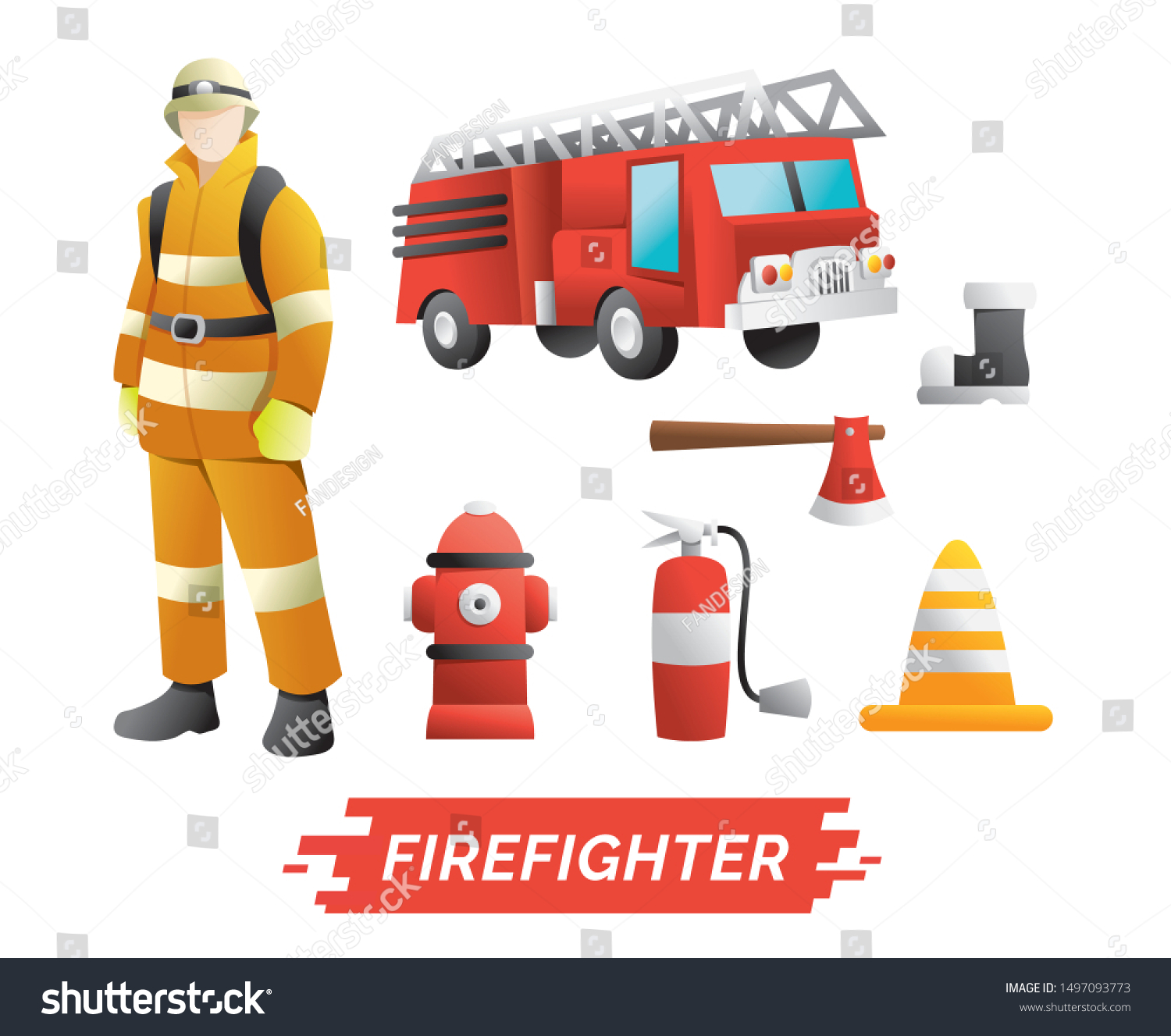 Firefighter Design Element Set Characters Profession Stock Vector ...