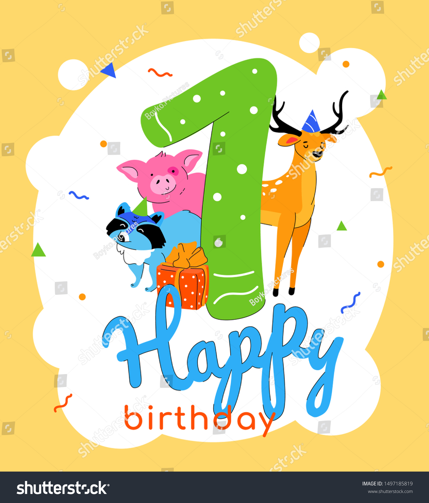 Children 1st Birthday Greeting Card Vector Stock Vector (Royalty Free ...