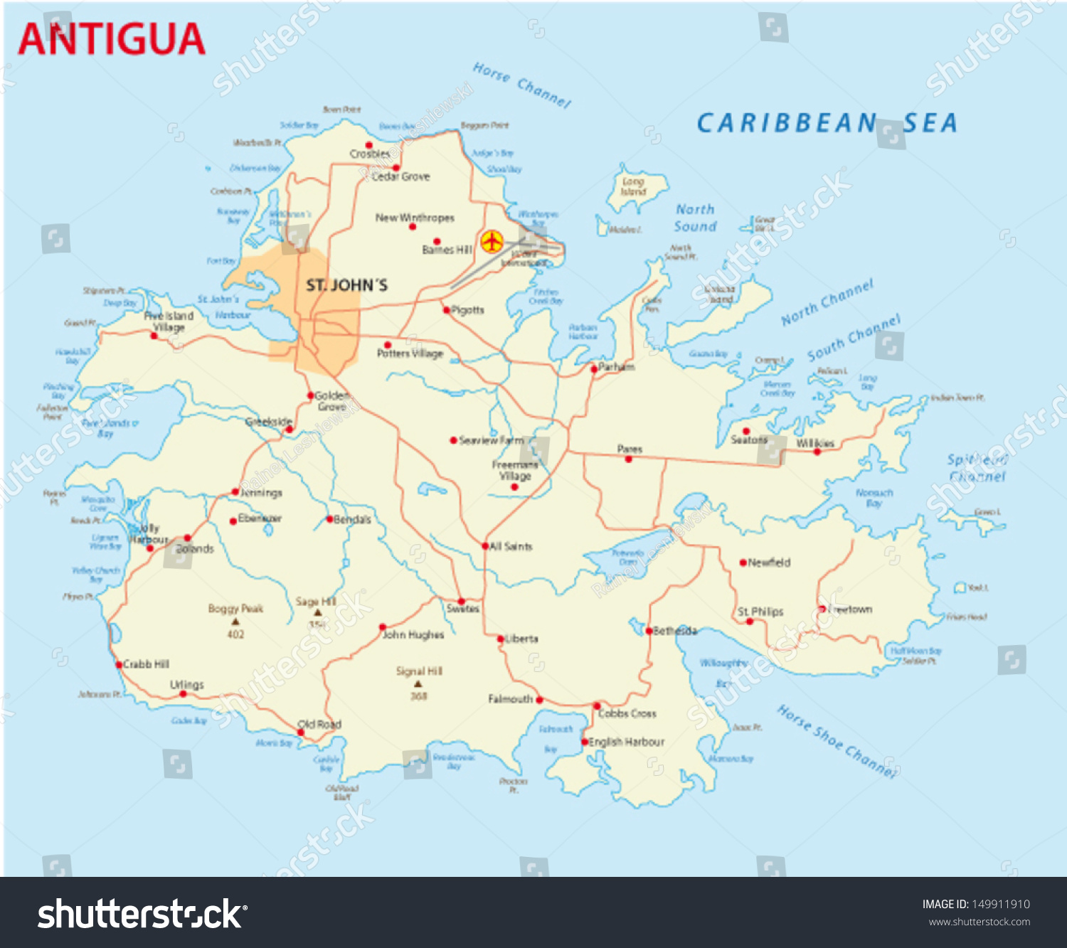 Antigua Road Map Stock Vector (Royalty Free) 149911910 | Shutterstock