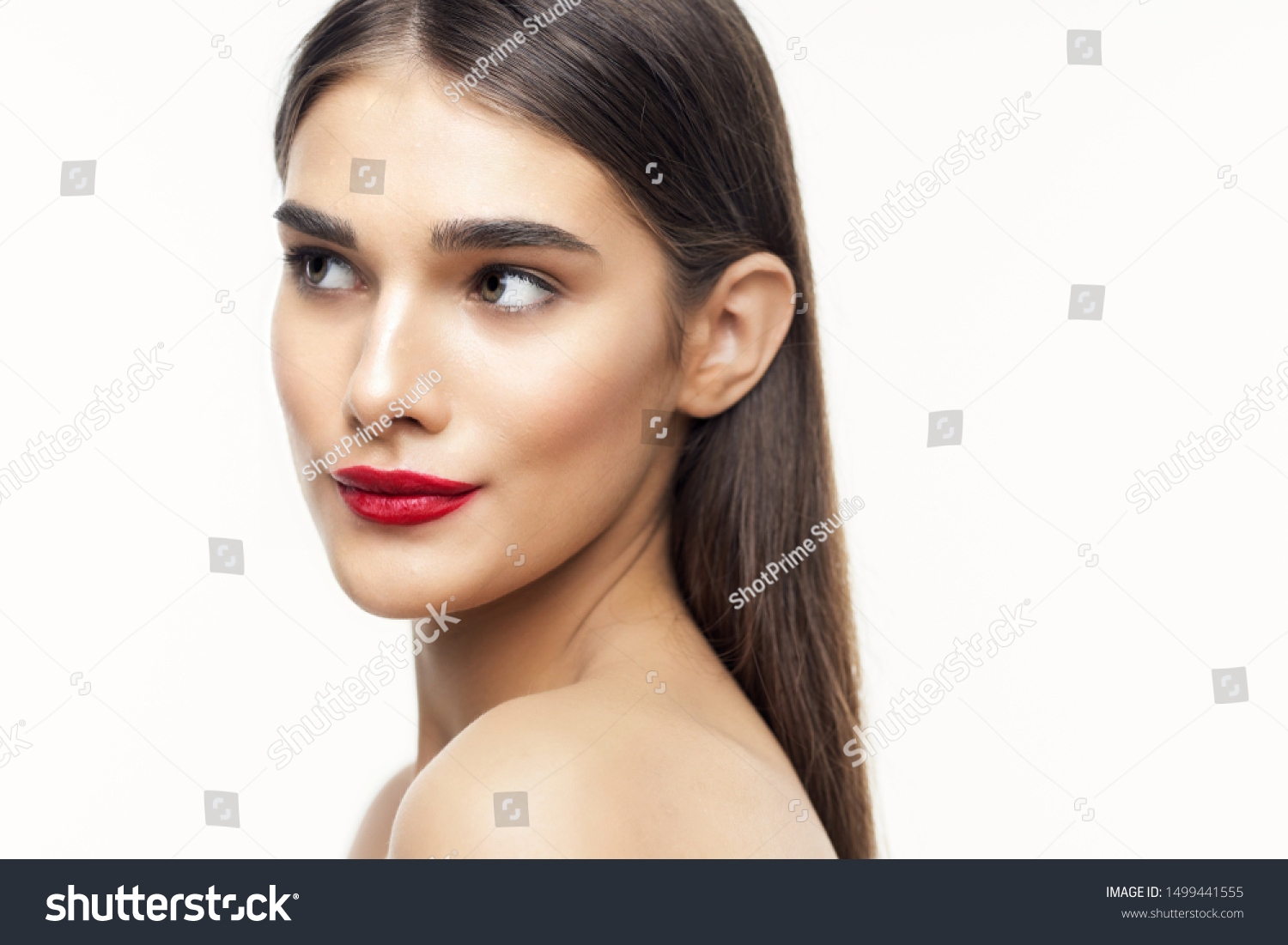 Red Lips Makeup Dark Hair Naked Stock Photo Shutterstock