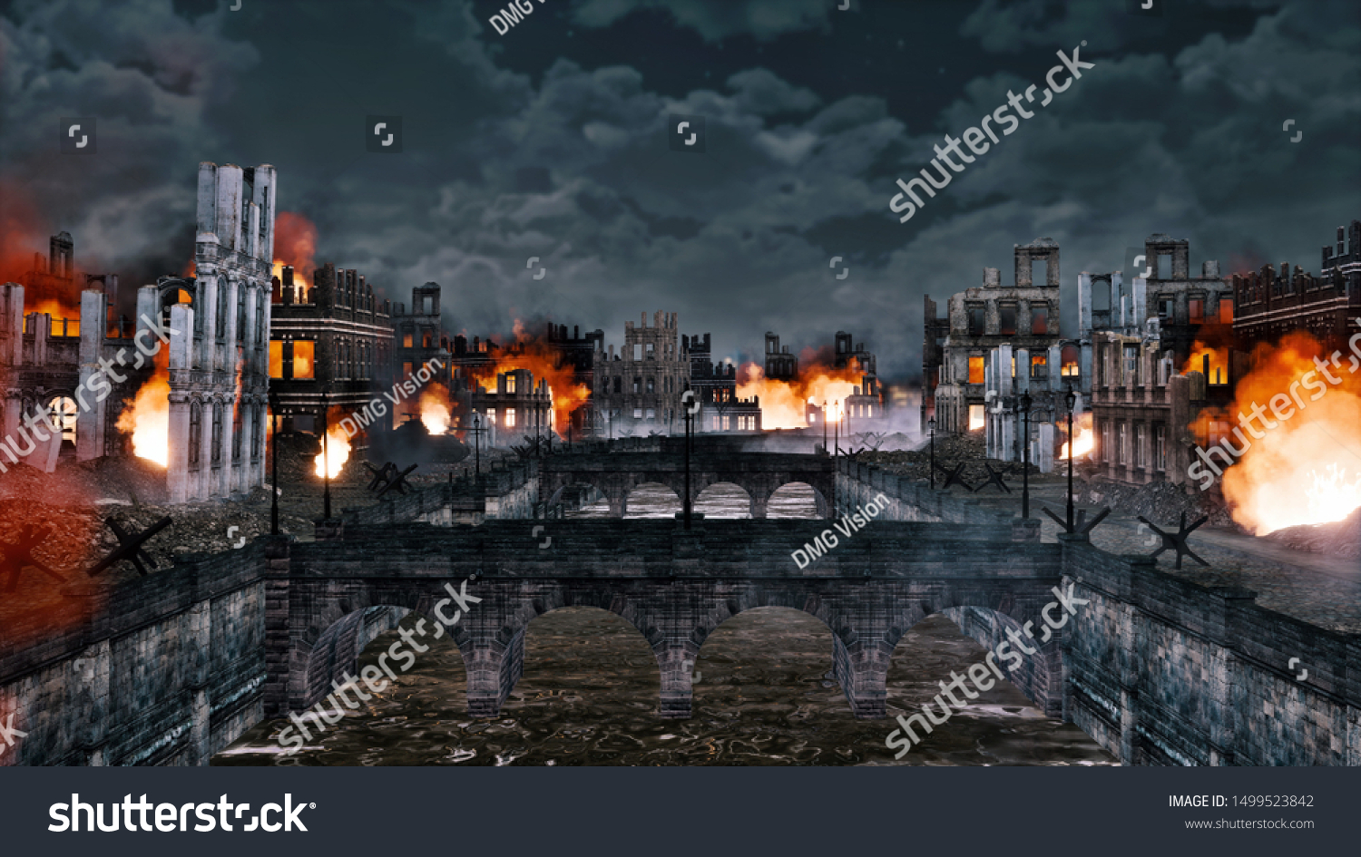 Urban Battlefield Scene Burning Building Ruins Stock Illustration ...