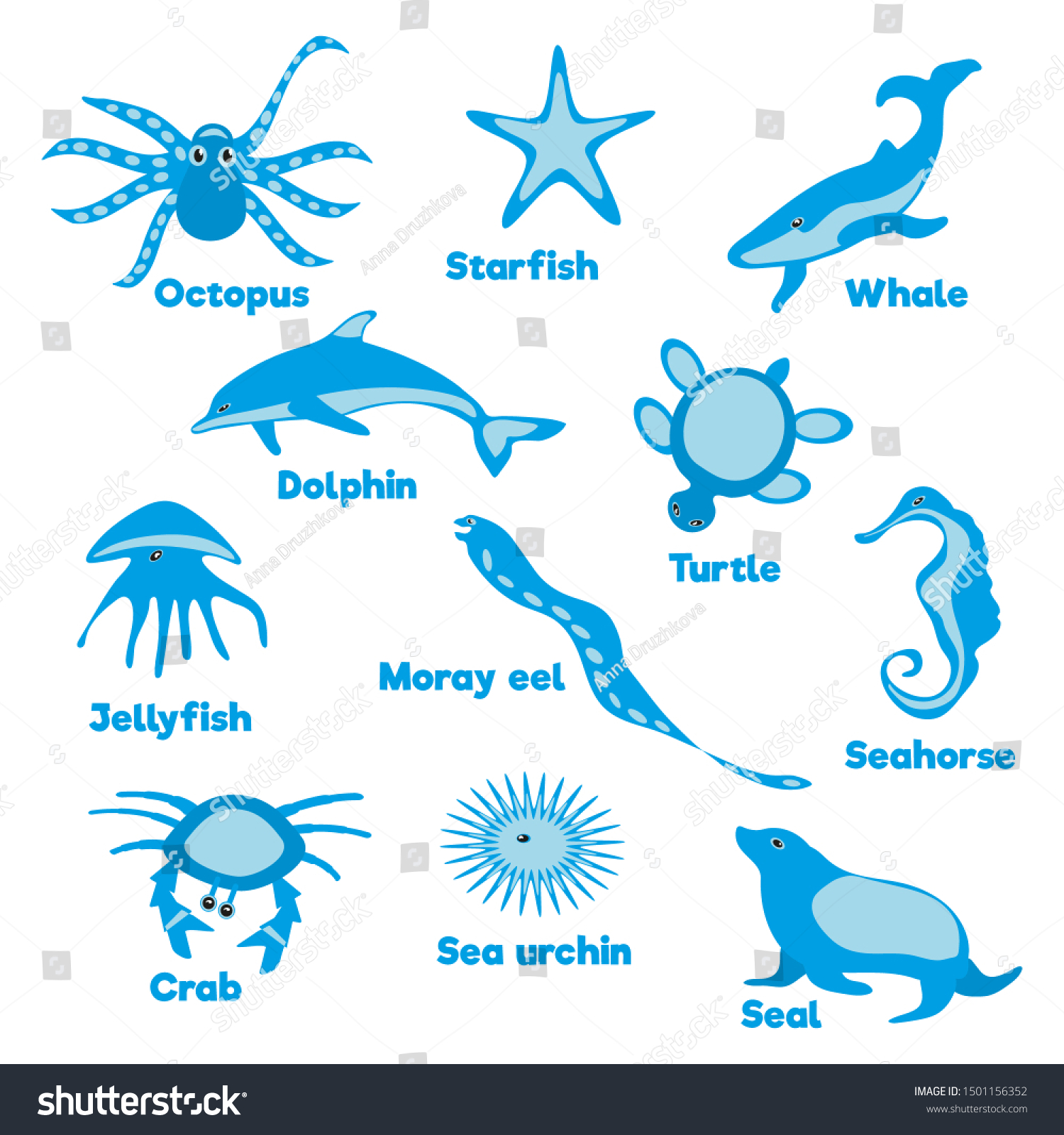 Set Ocean Creatures On White Background Stock Vector (Royalty Free ...