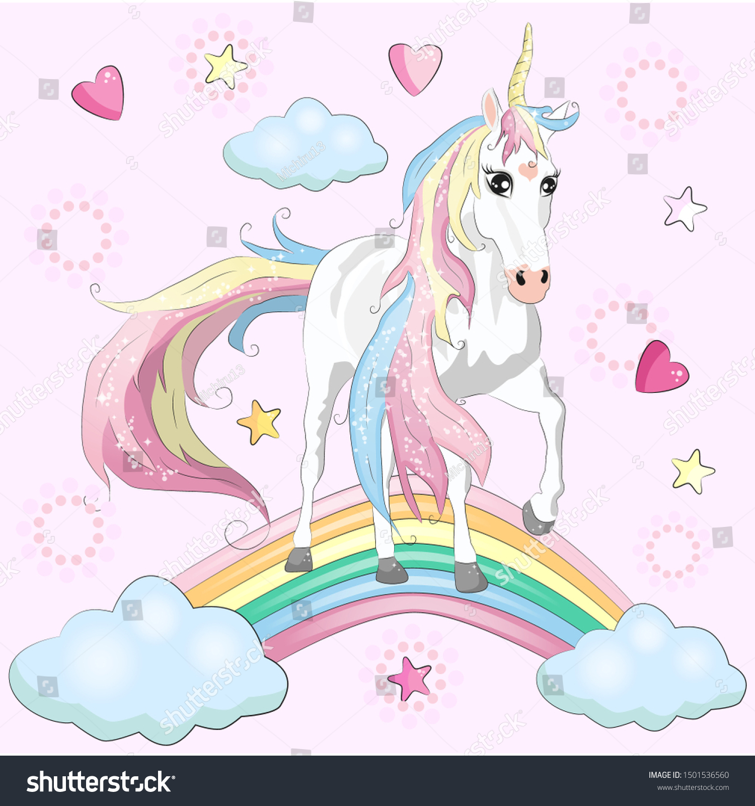 Magic Cute Unicorn Walking On Rainbow Stock Vector (Royalty Free ...