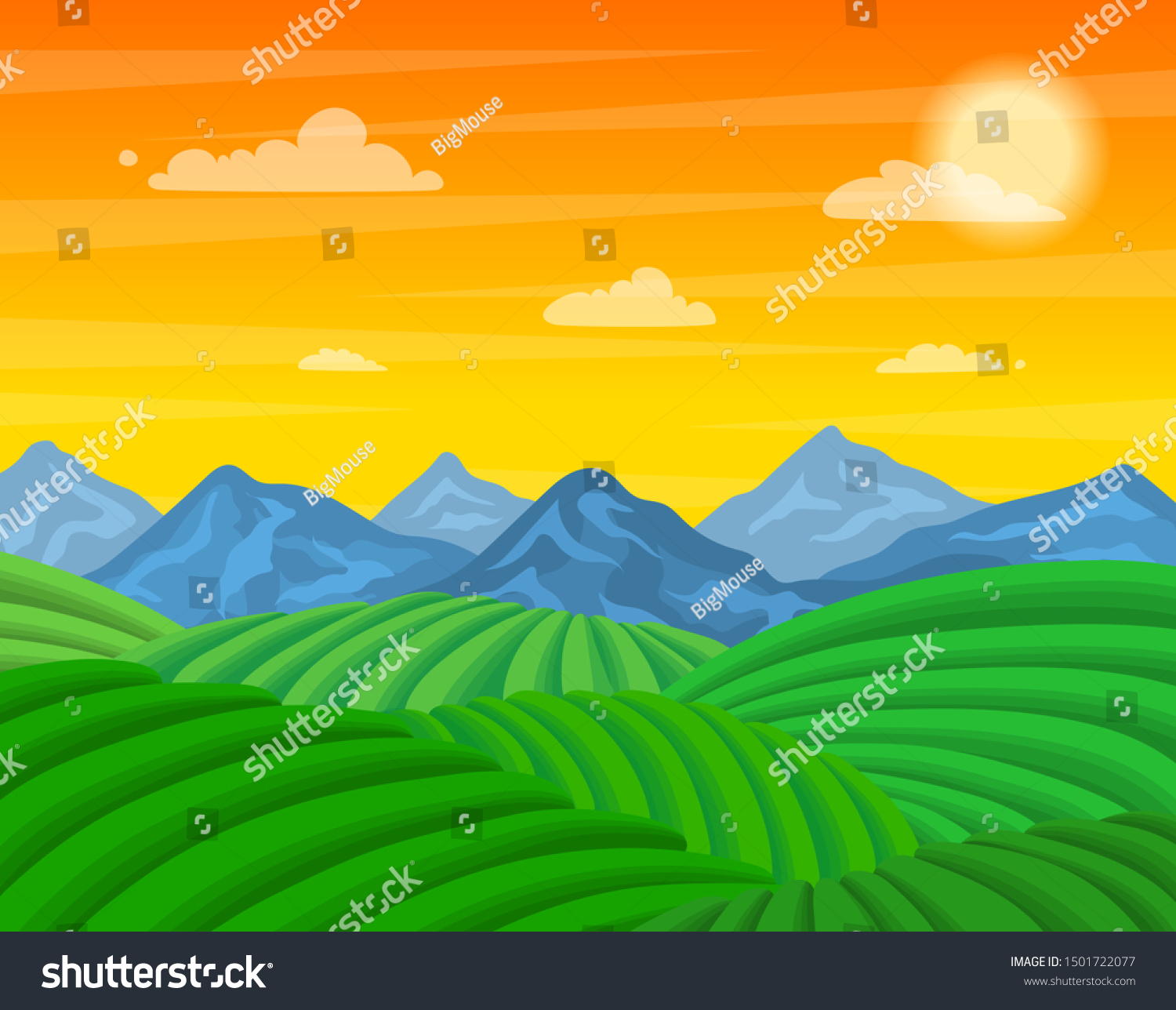 Cartoon Tea Plantation Green Fields Landscape Stock Vector (Royalty ...