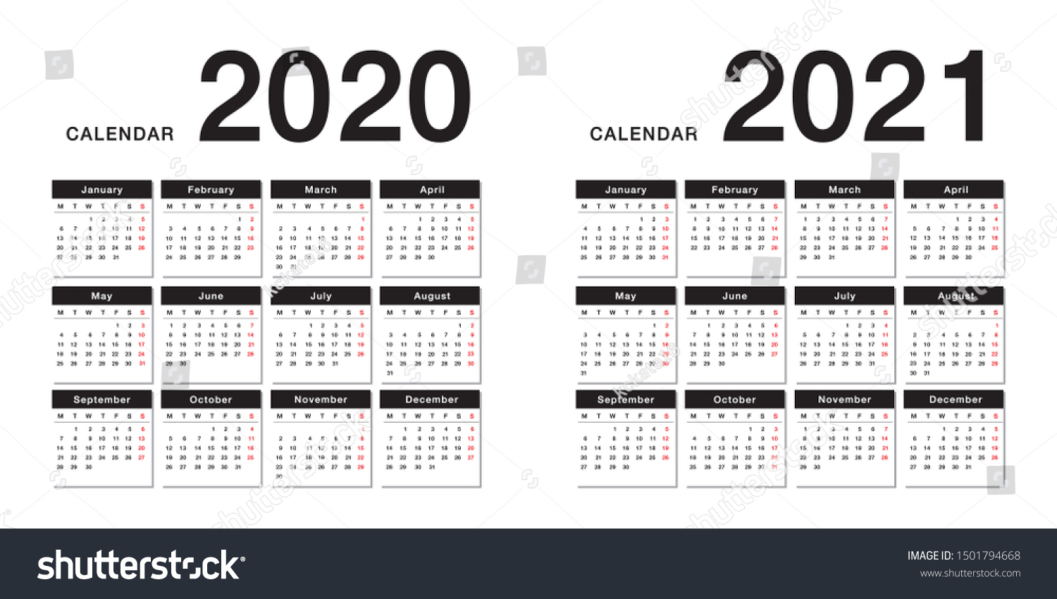 Year 2020 Year 2021 Calendar Horizontal Stock Vector (Royalty Free ...