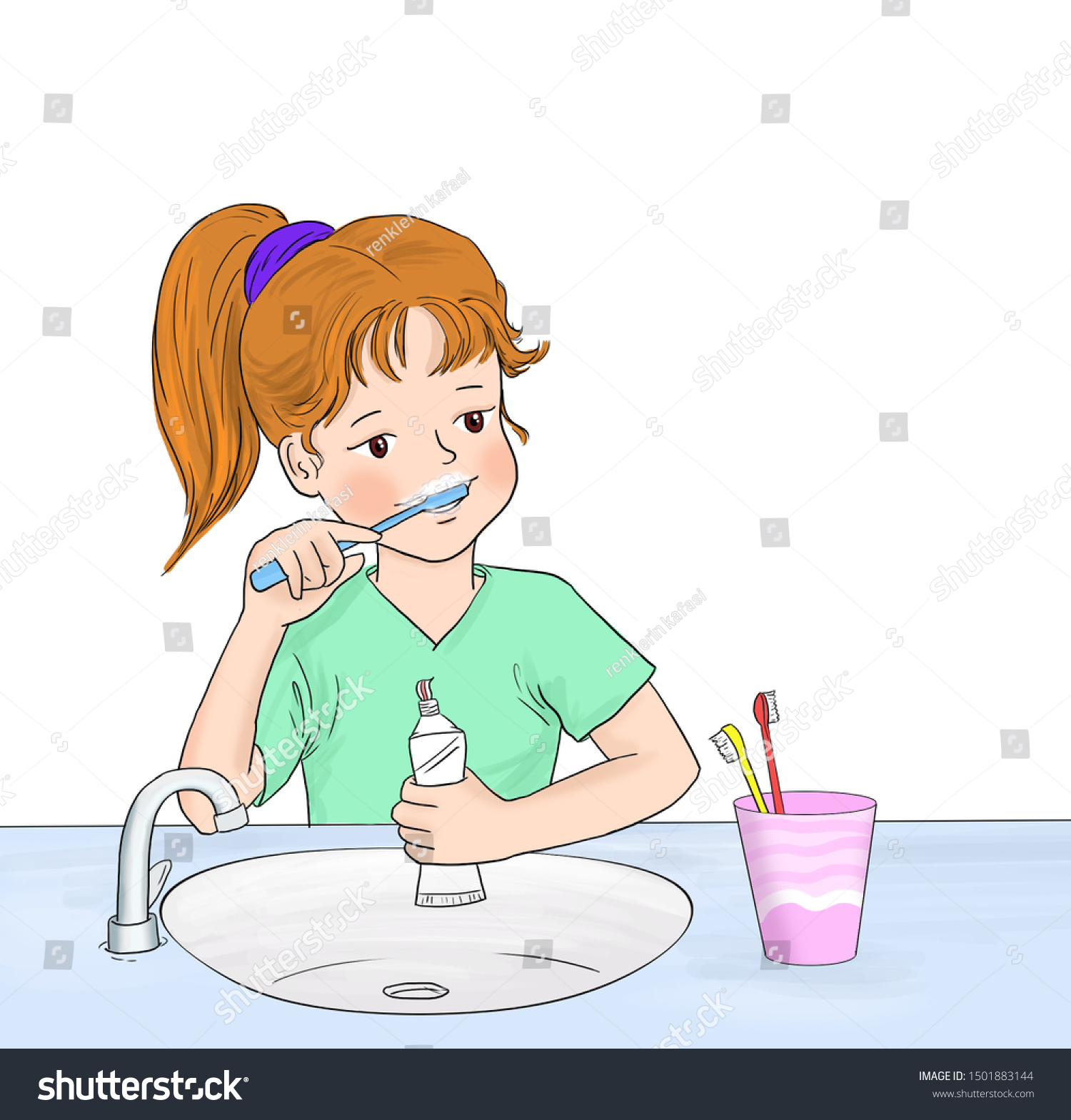 Illustration Textbook Cute Little Girl Brushing Stock Illustration 