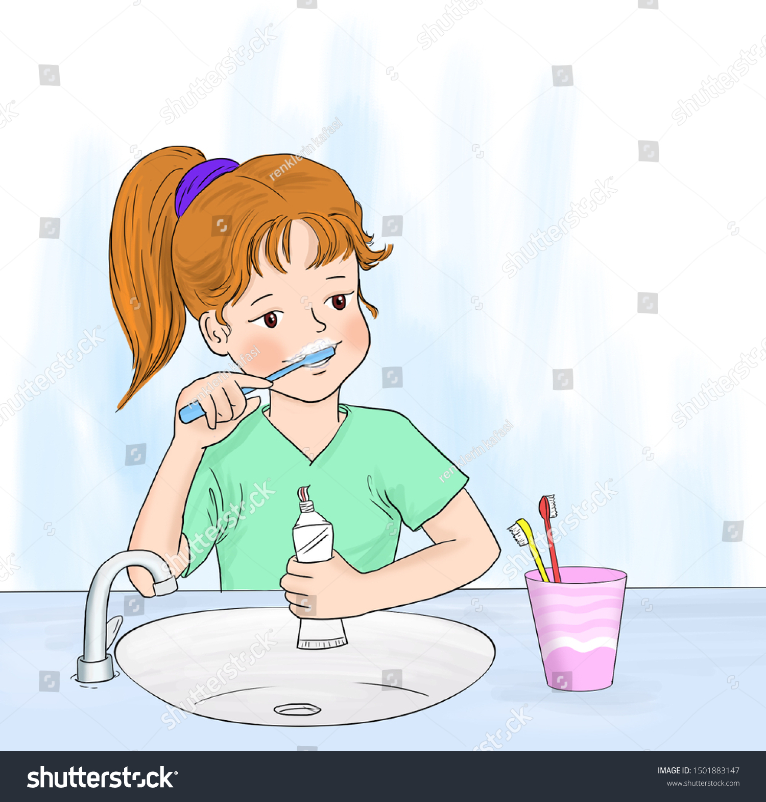 Illustration Textbook Cute Little Girl Brushing Stock Illustration ...