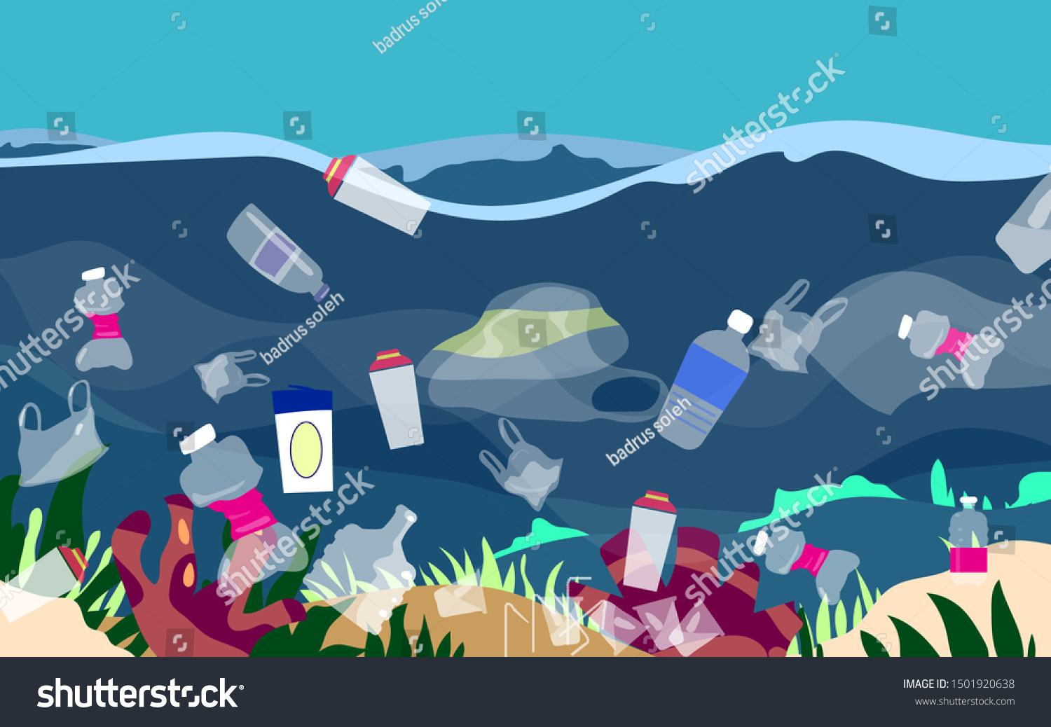 Plastic Pollution Trash Underwater Sea Different Stock Vector (royalty 