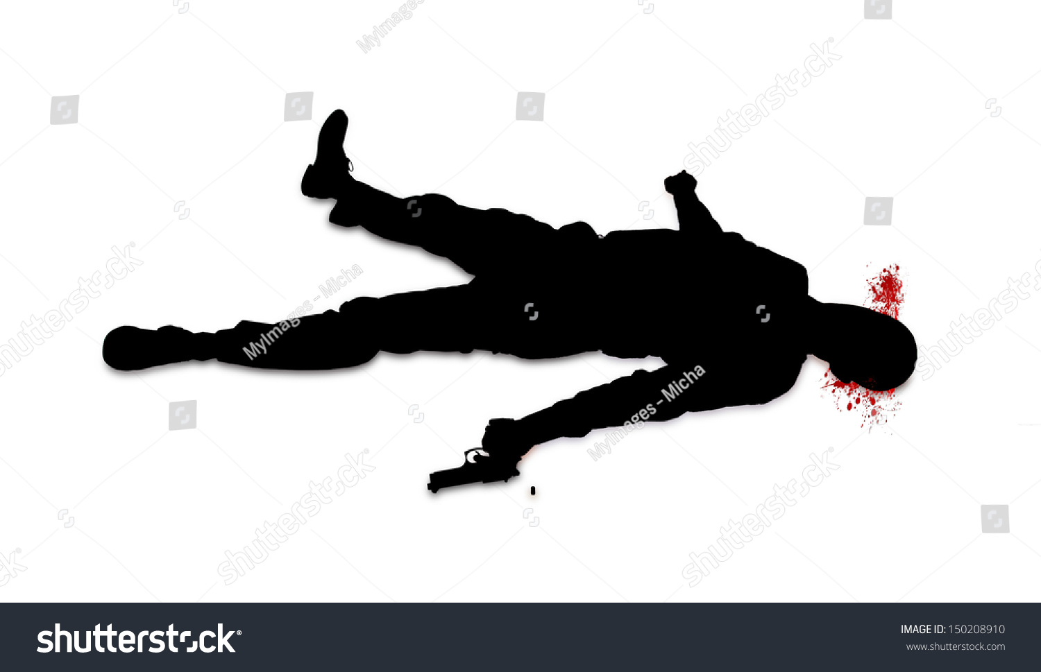 Suicide Concept - Man Shot Himself, Silhouette, Isolated On White Stock 