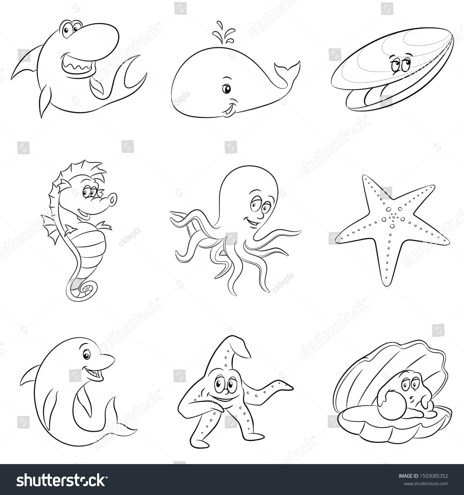 Illustration Black Line Art Sea Animals Stock Illustration 1503085352 