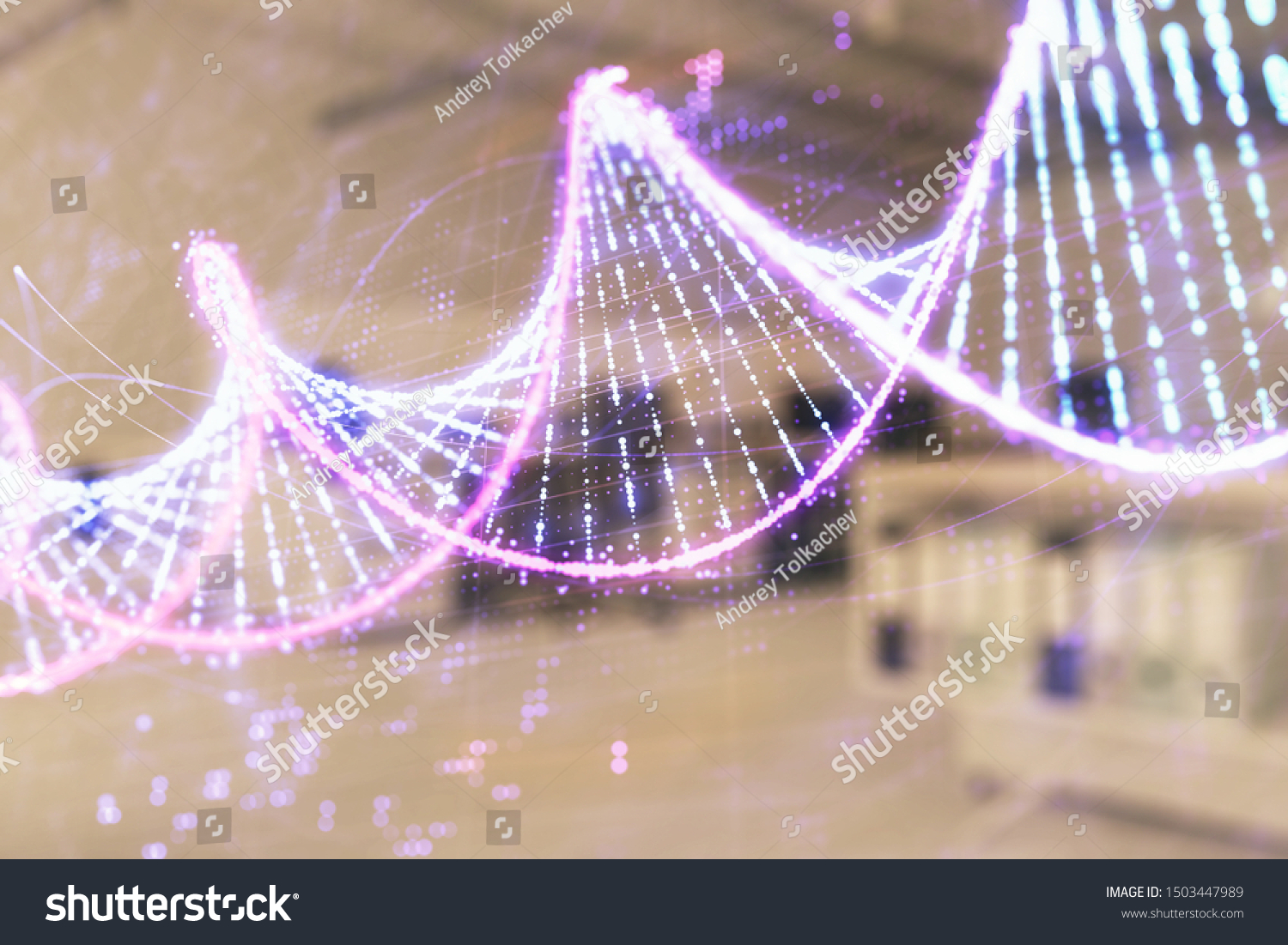 Dna Drawing Office Interior On Background Stock Photo 1503447989   Stock Photo Dna Drawing With Office Interior On Background Double Exposure Concept Of Education 1503447989 