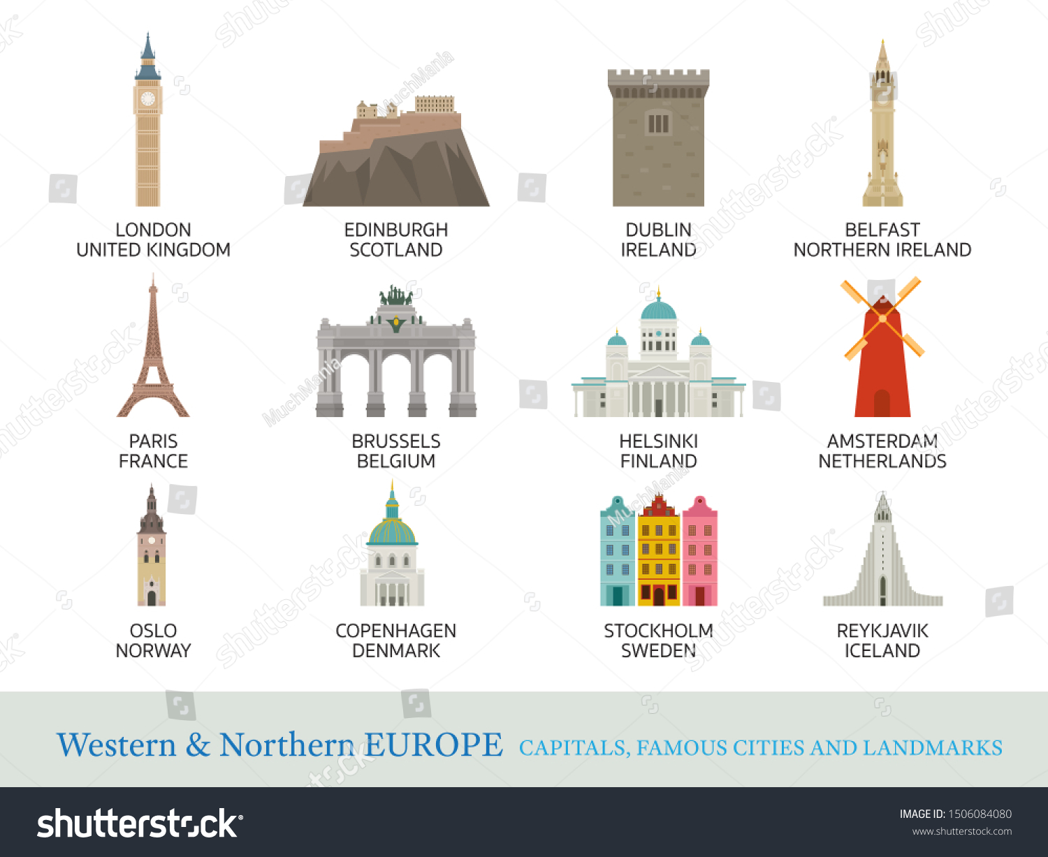 Western Northern Europe Cities Landmarks Flat Stock Vector (Royalty ...