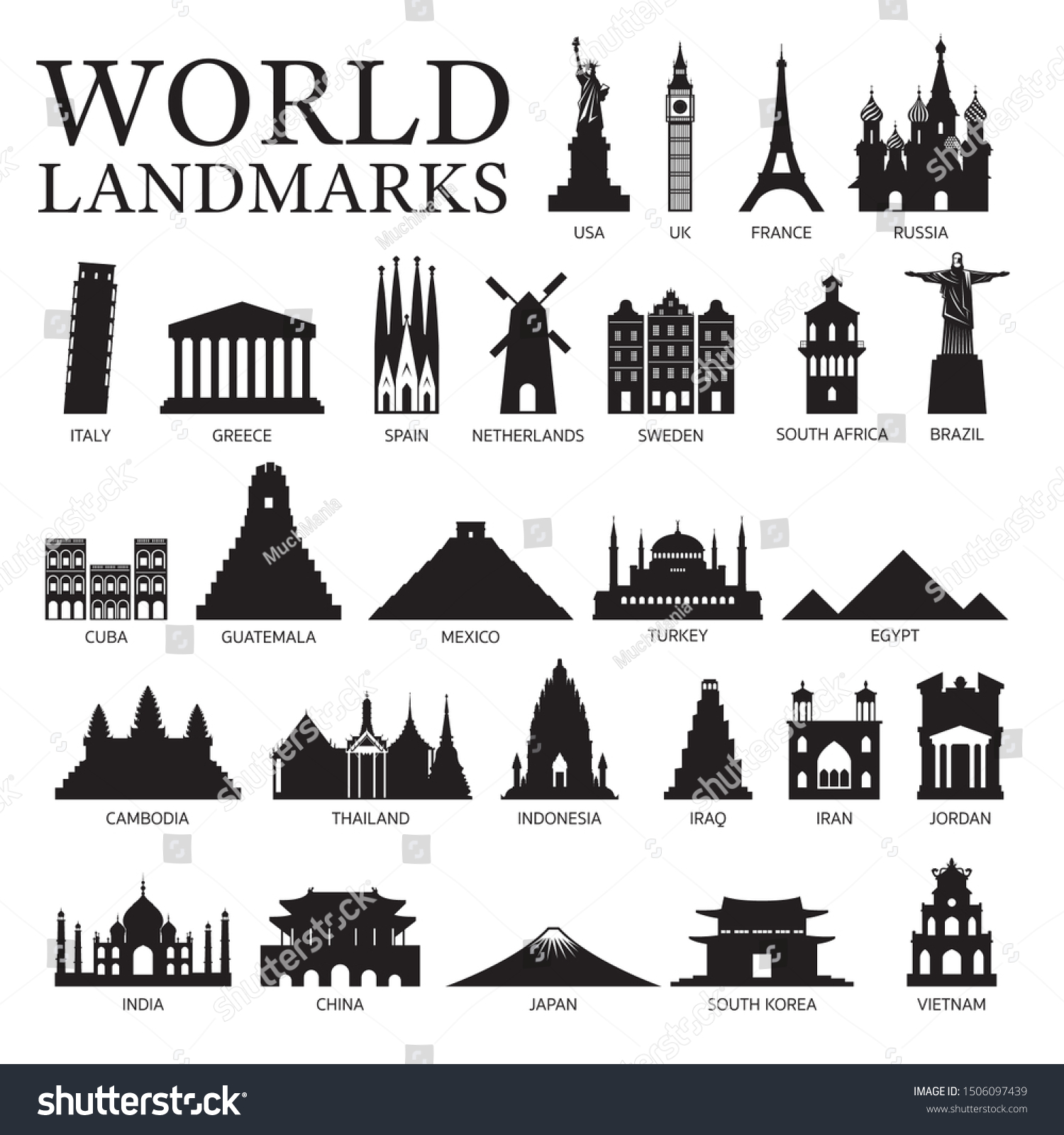 World Countries Landmarks Silhouette Set Famous Stock Vector (Royalty ...