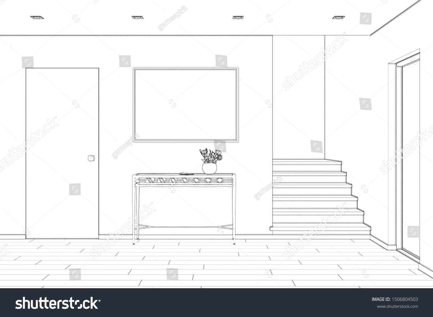 3d Illustration Sketch Entrance Hall Stairs Stock Illustration ...