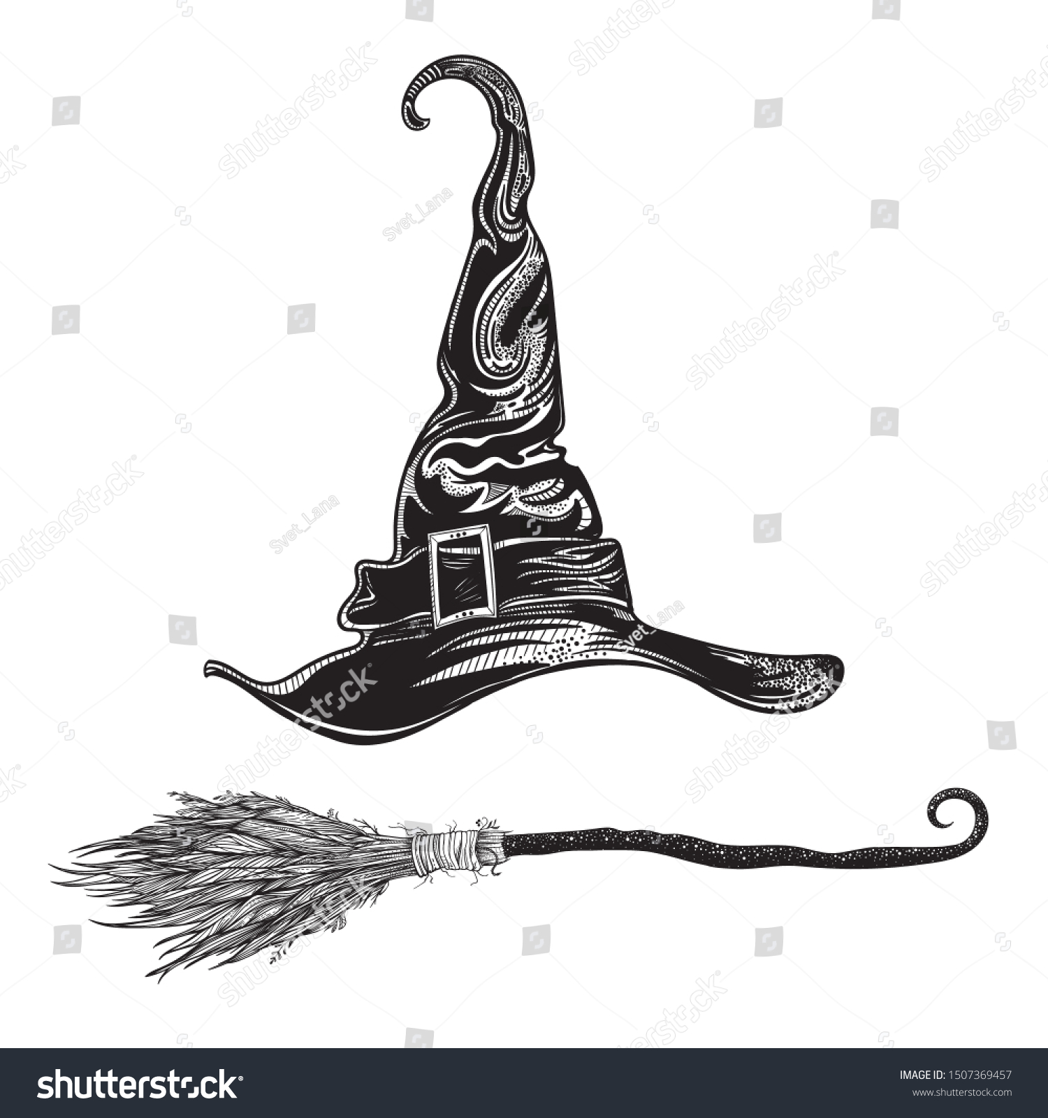 Witch Hat Magic Broom Halloween Stickers Stockvektor (royaltyfri) 150736945...