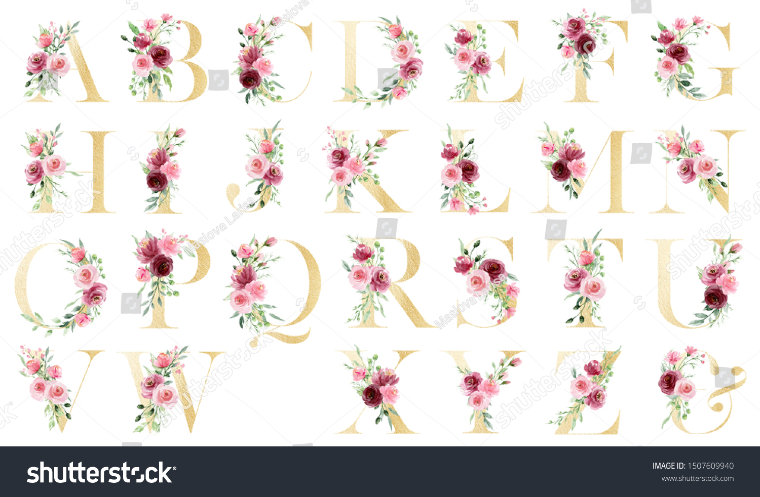 Gold Alphabet Set Letters Watercolor Flowers Stock Illustration ...