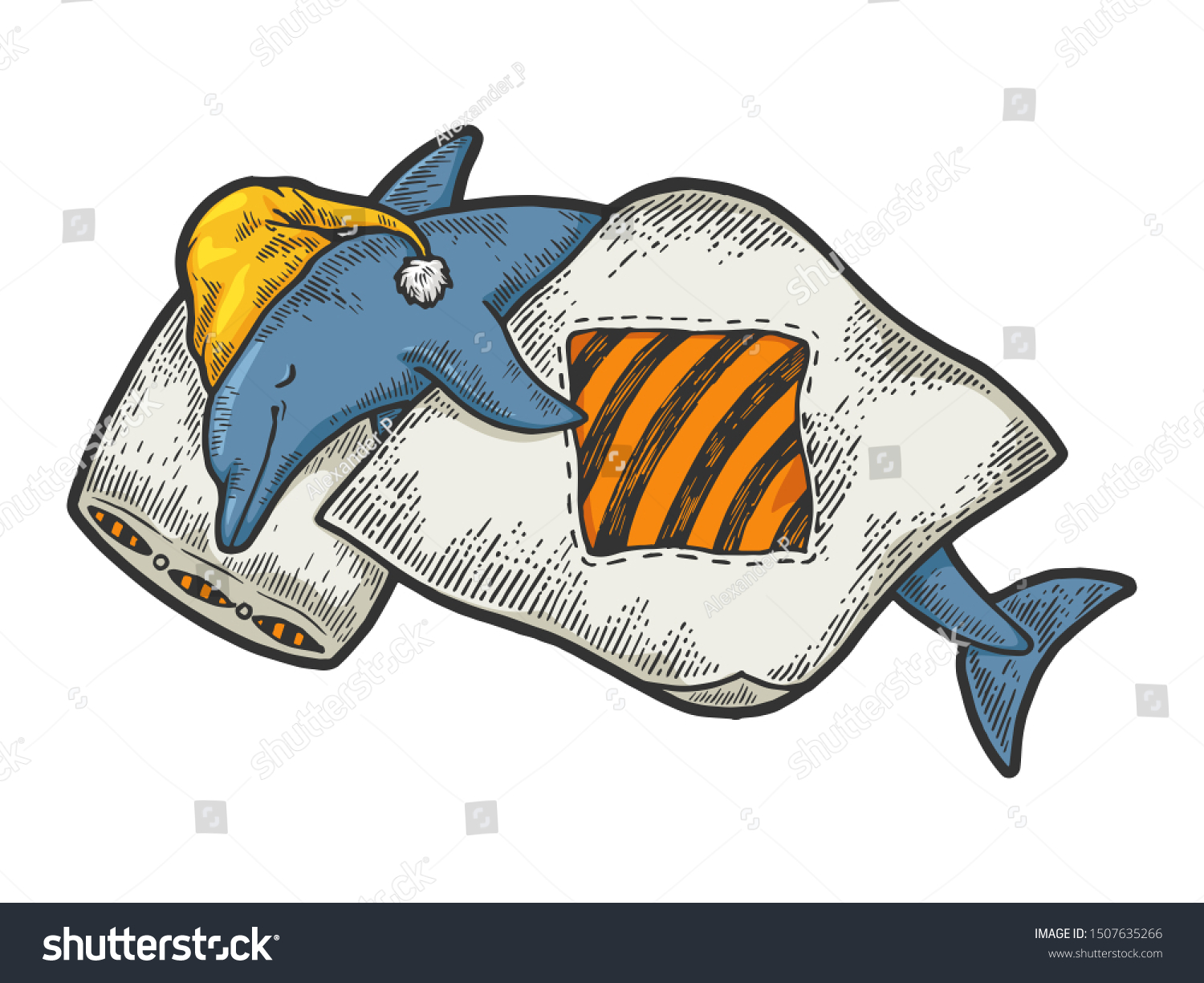 Cartoon Funny Sleeping Dolphin Sketch Engraving Stock Illustration ...